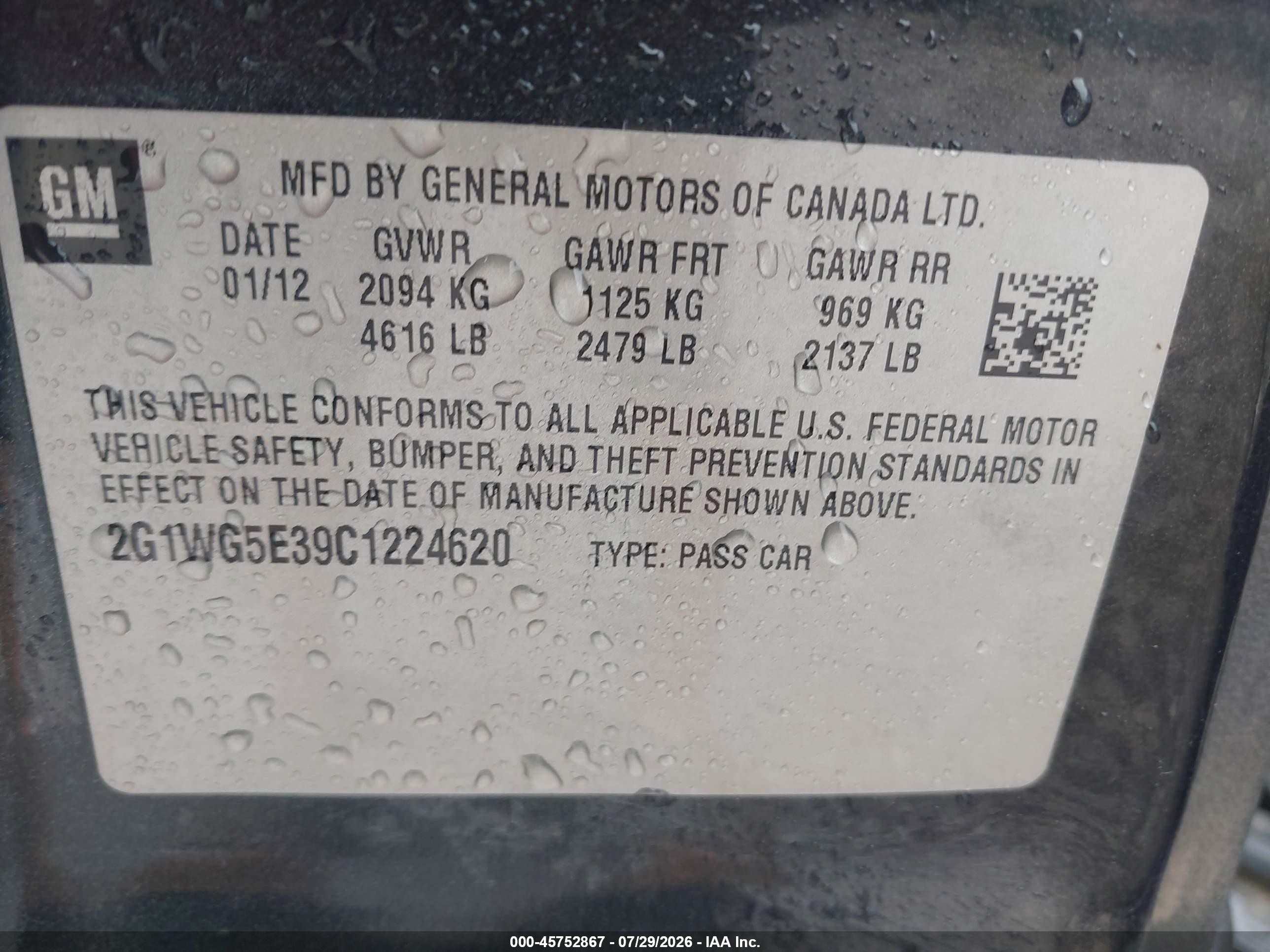 2012 Chevrolet Impala Lt Black vin: 2G1WG5E39C1224620