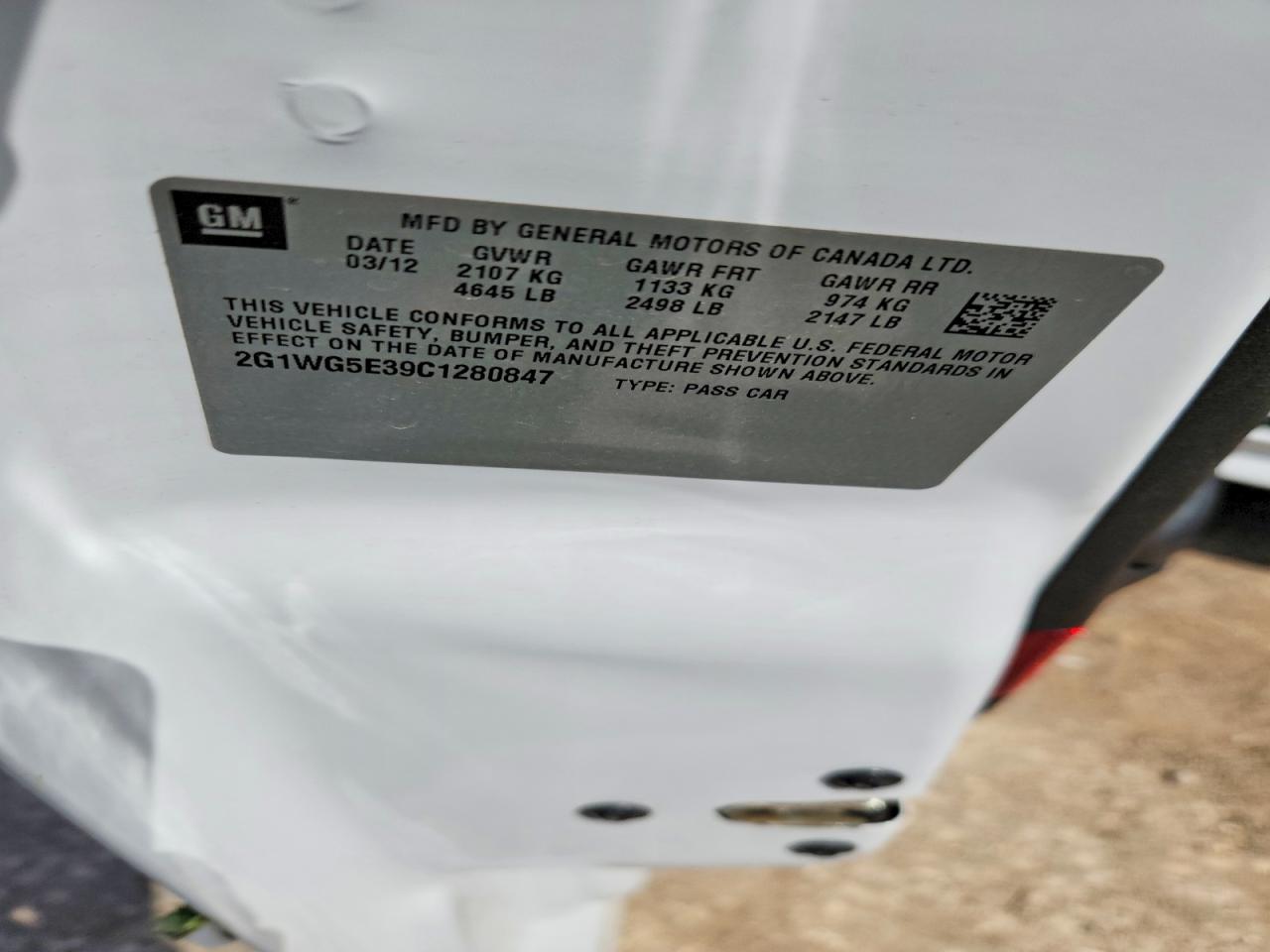 2012 Chevrolet Impala Lt White vin: 2G1WG5E39C1280847