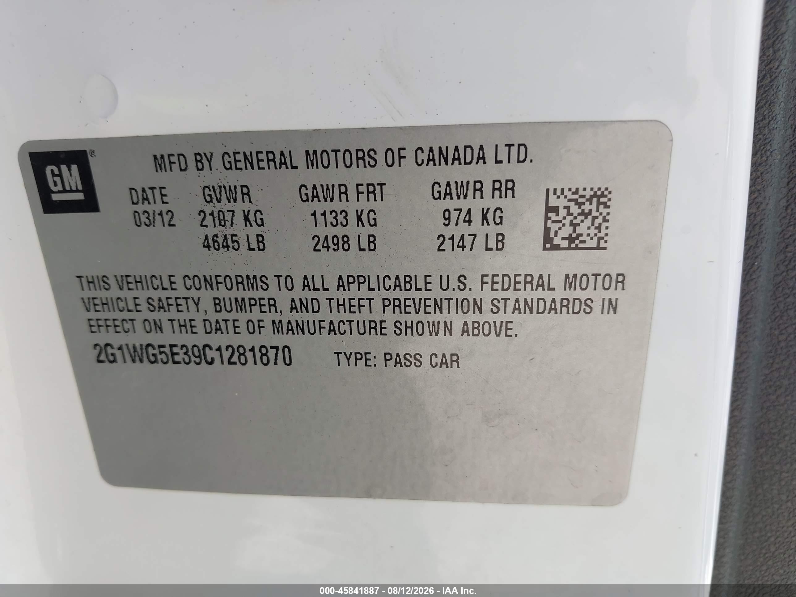 2012 Chevrolet Impala Lt Белый vin: 2G1WG5E39C1281870