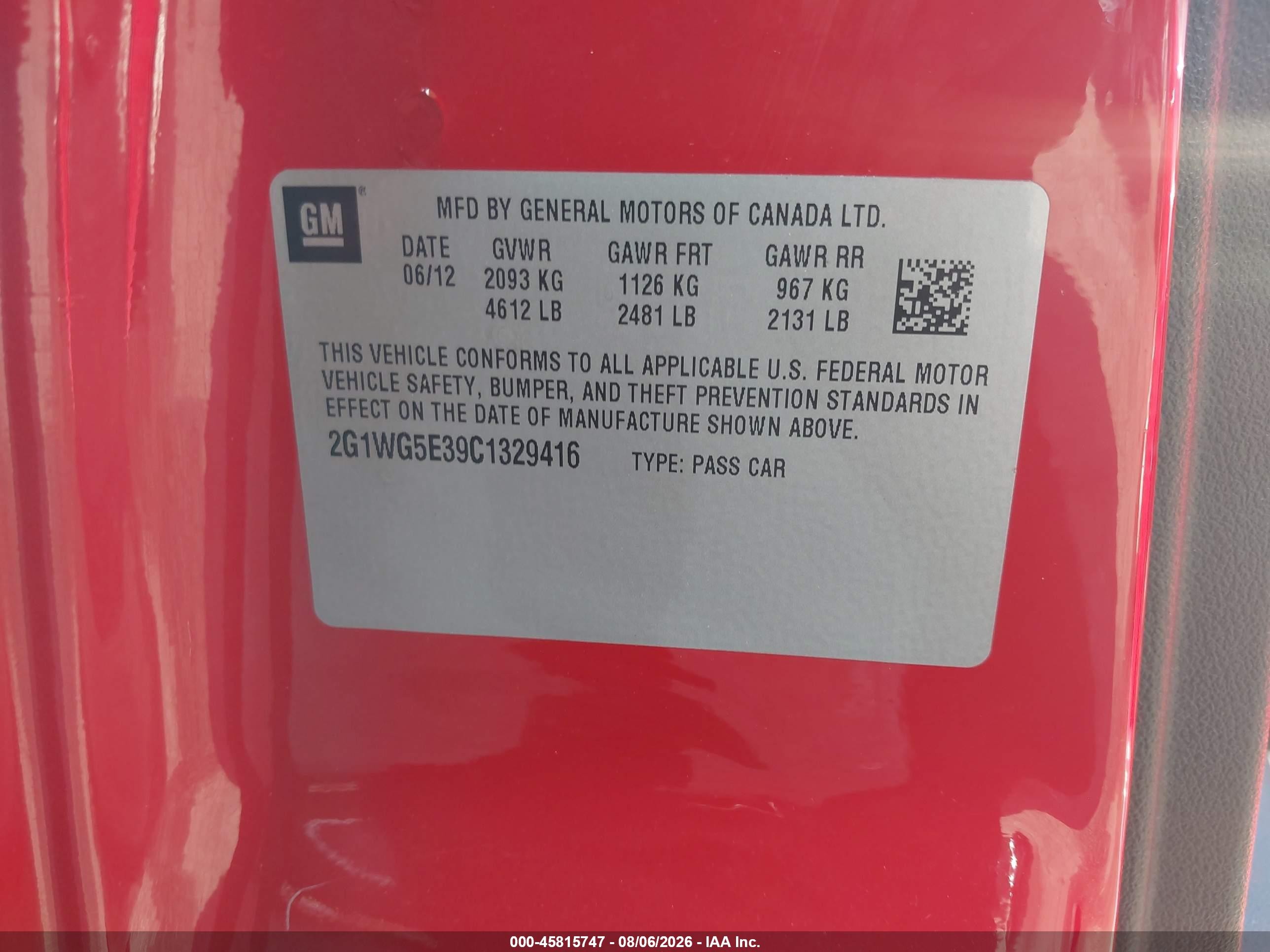 2012 Chevrolet Impala Lt Red vin: 2G1WG5E39C1329416
