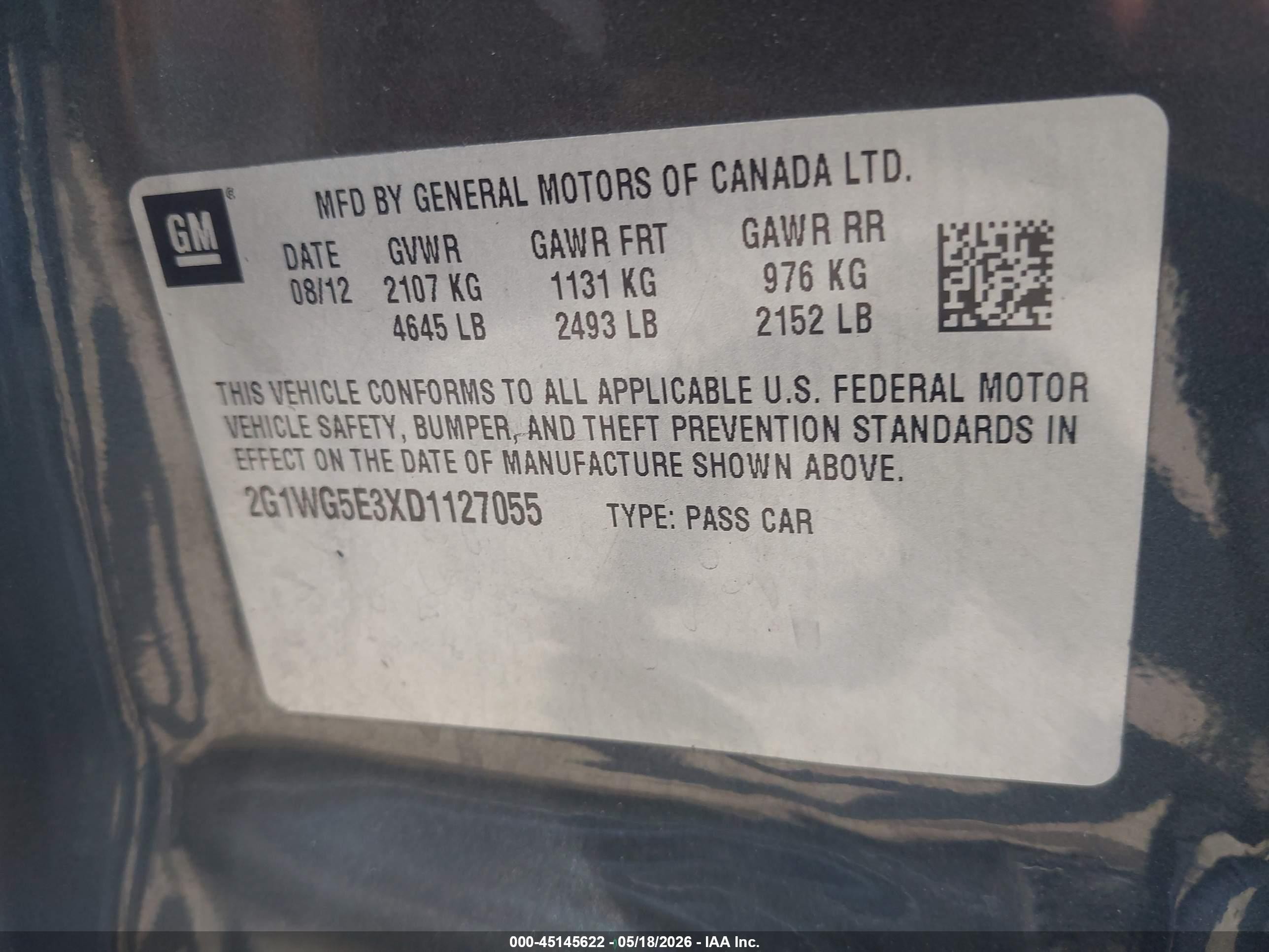 2013 Chevrolet Impala Lt Gray vin: 2G1WG5E3XD1127055