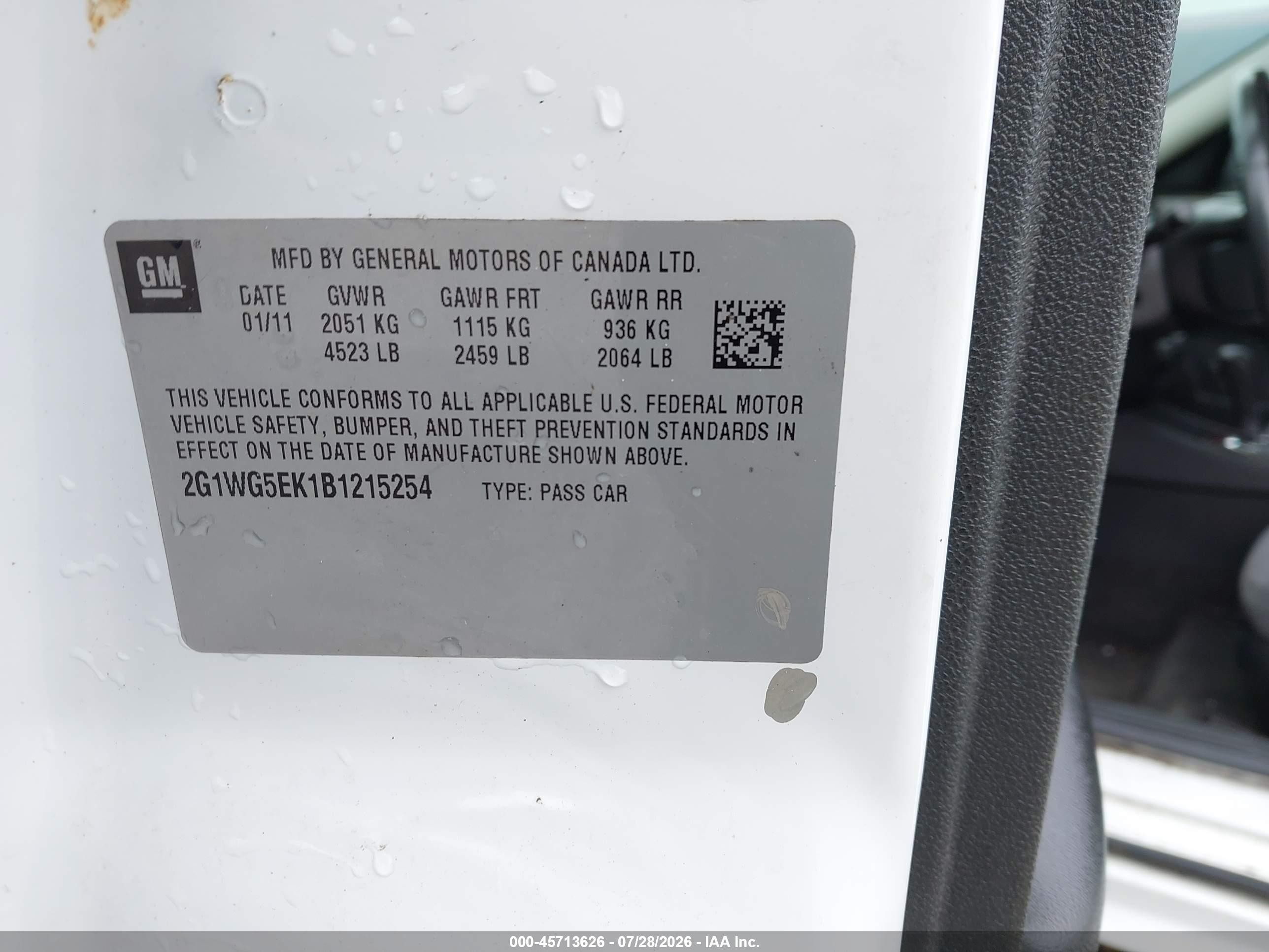 2011 Chevrolet Impala Lt Белый vin: 2G1WG5EK1B1215254