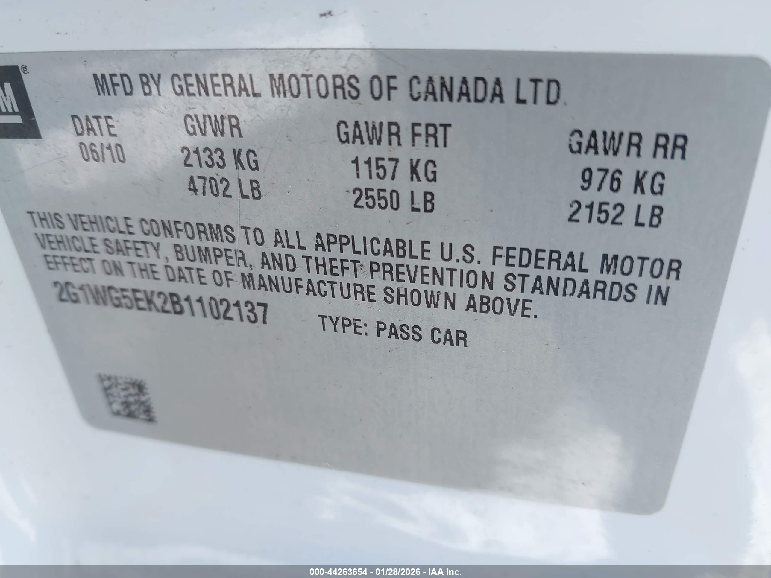 2011 Chevrolet Impala Lt White vin: 2G1WG5EK2B1102137