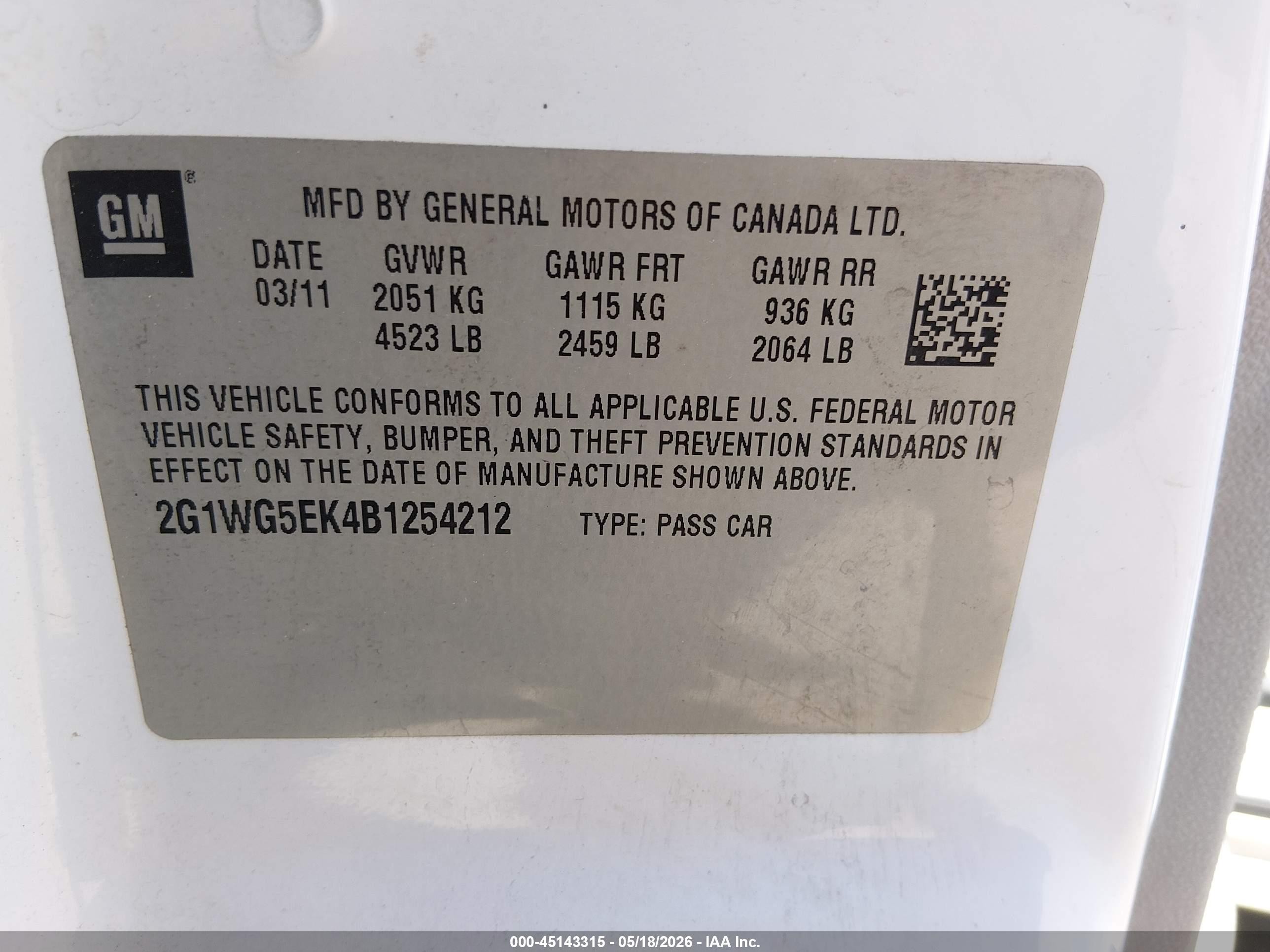 2011 Chevrolet Impala Lt White vin: 2G1WG5EK4B1254212