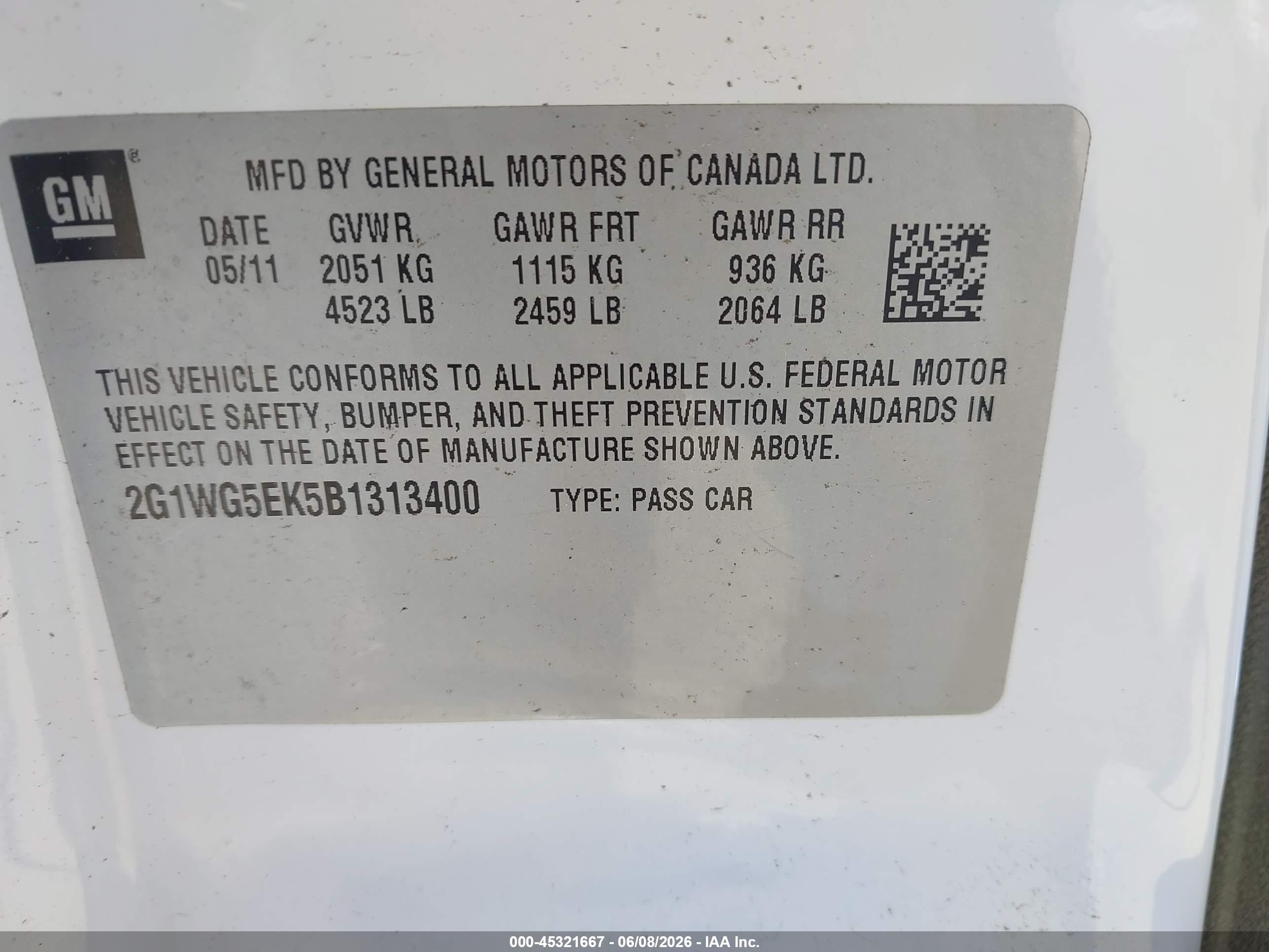 2011 Chevrolet Impala Lt White vin: 2G1WG5EK5B1313400