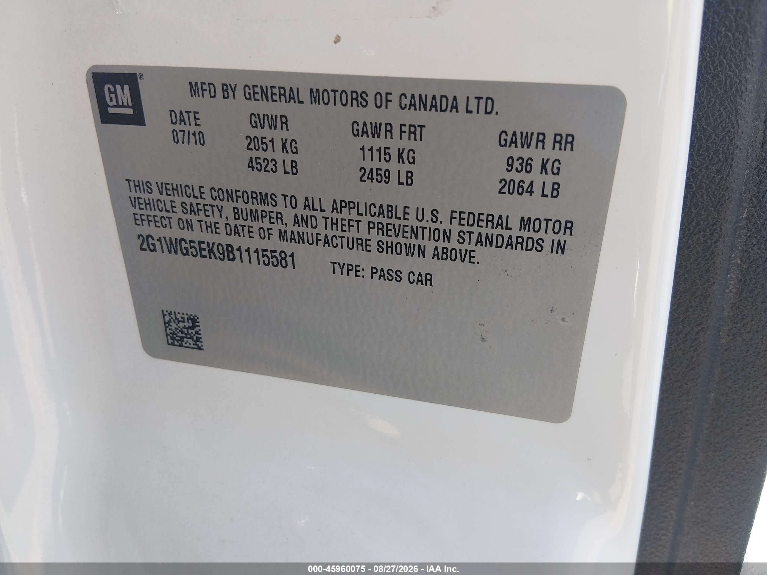 2011 Chevrolet Impala Lt White vin: 2G1WG5EK9B1115581