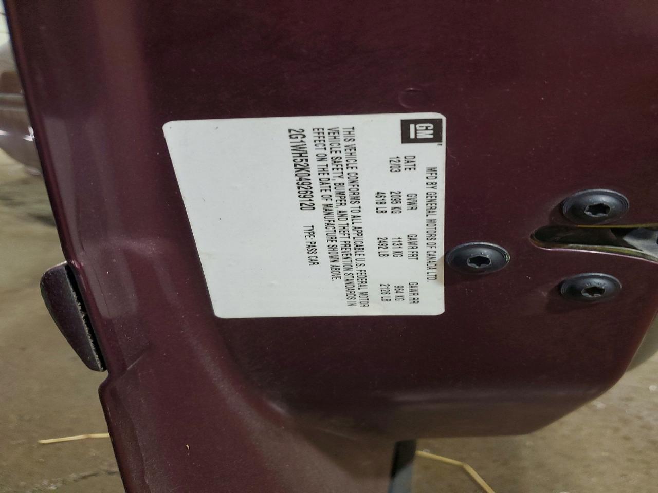 2004 Chevrolet Impala Ls Burgundy vin: 2G1WH52K049269120