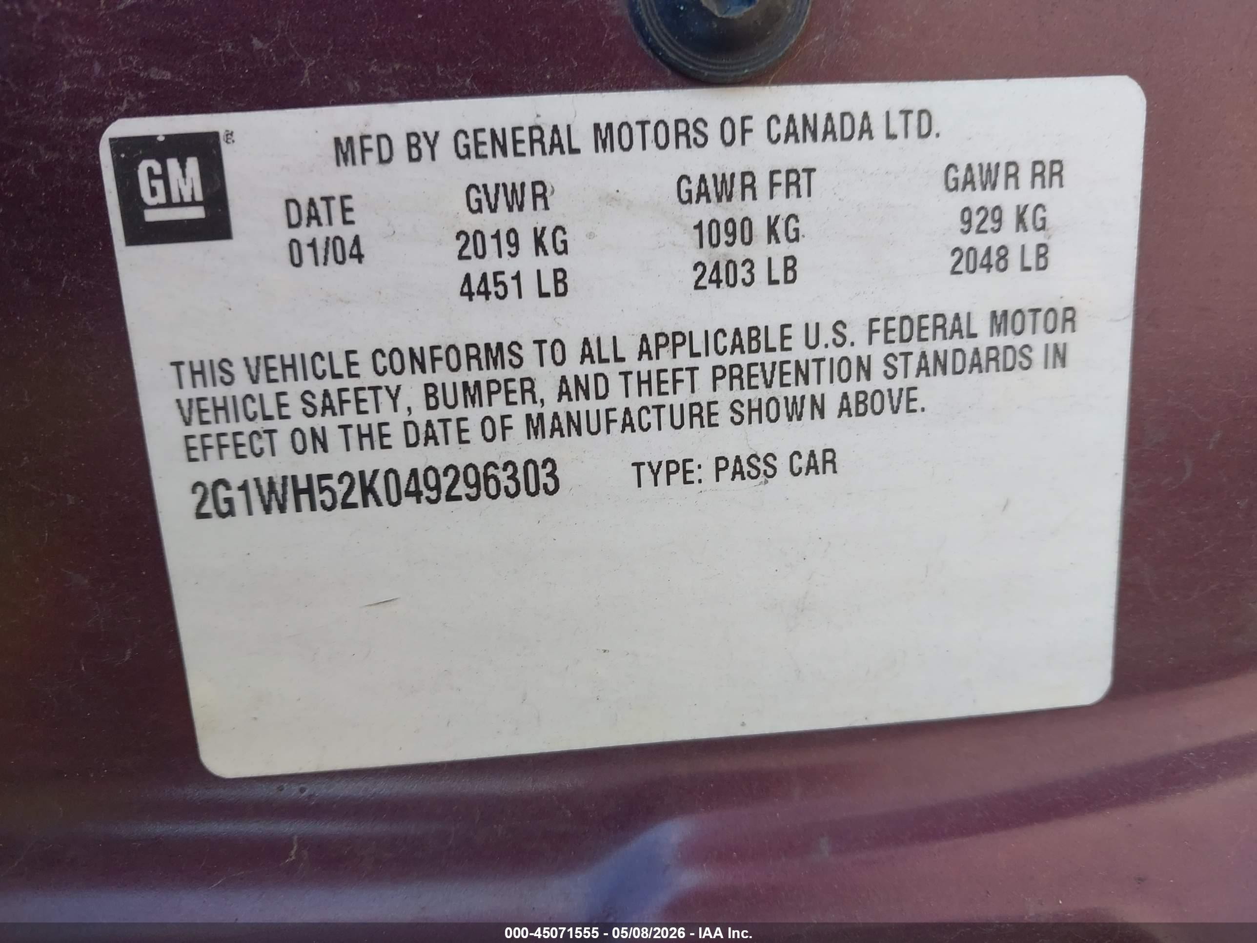 2004 Chevrolet Impala Ls Purple vin: 2G1WH52K049296303