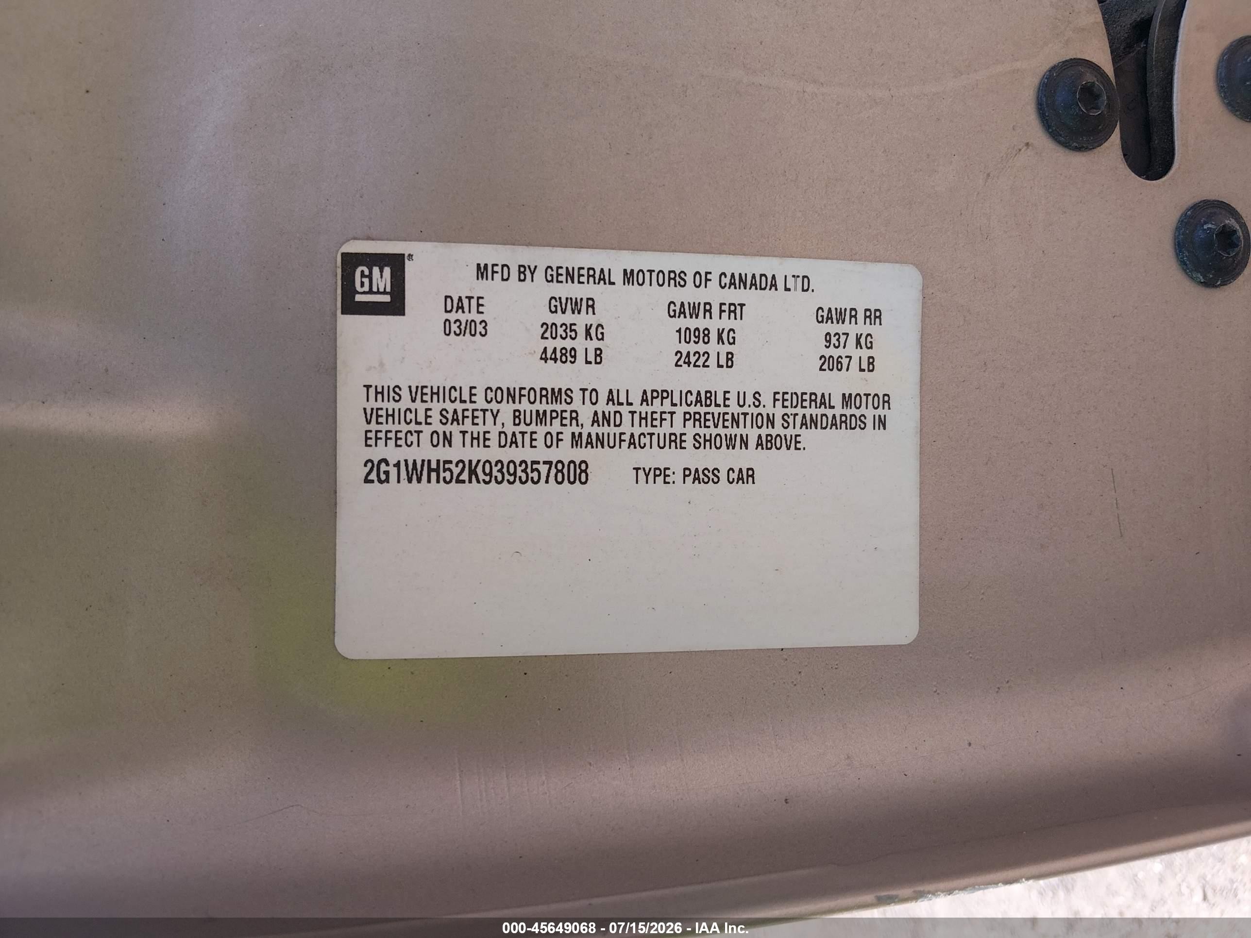2003 Chevrolet Impala Ls Gold vin: 2G1WH52K939357808