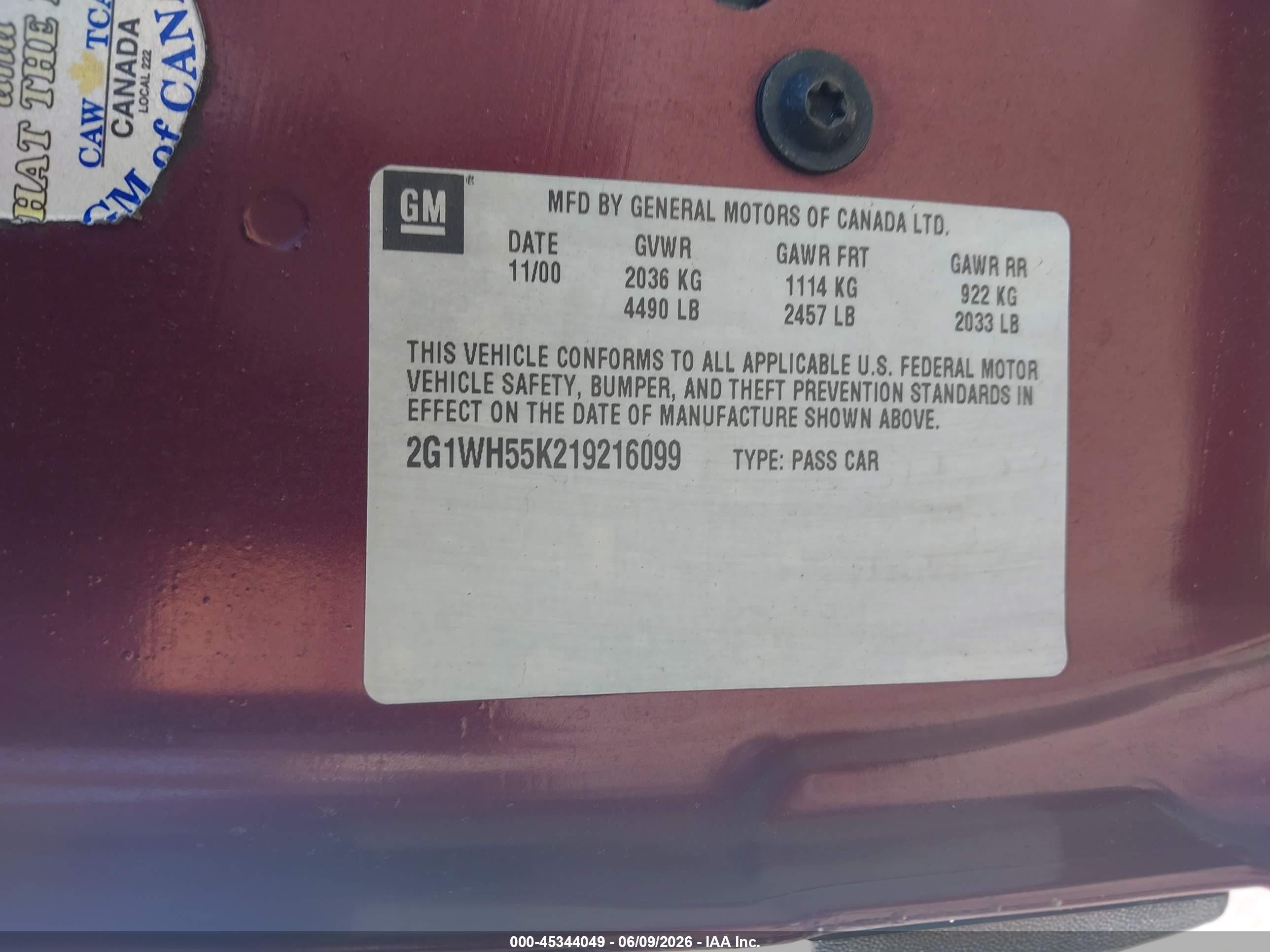 2001 Chevrolet Impala Ls Burgundy vin: 2G1WH55K219216099