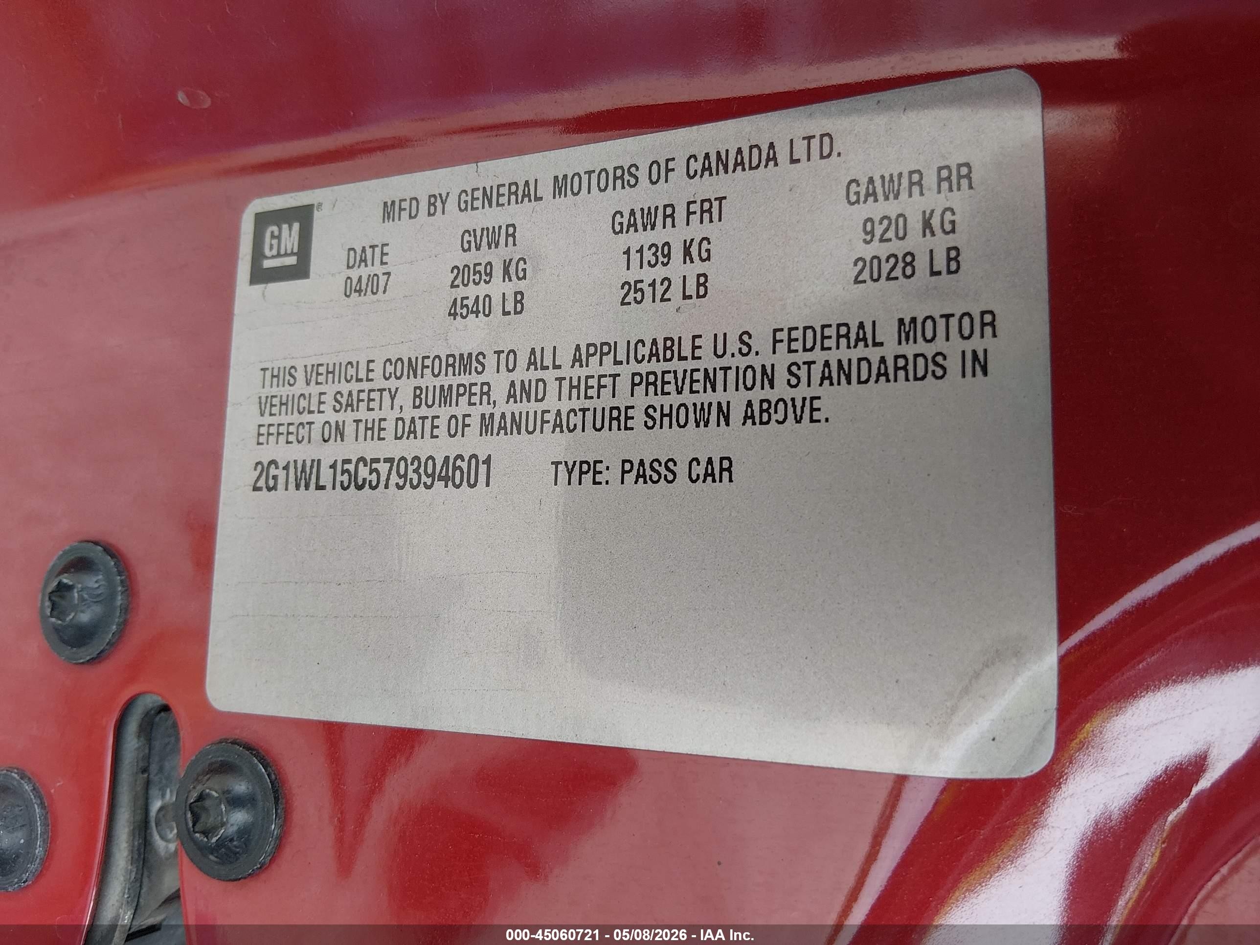 2007 Chevrolet Monte Carlo Ss Red vin: 2G1WL15C579394601
