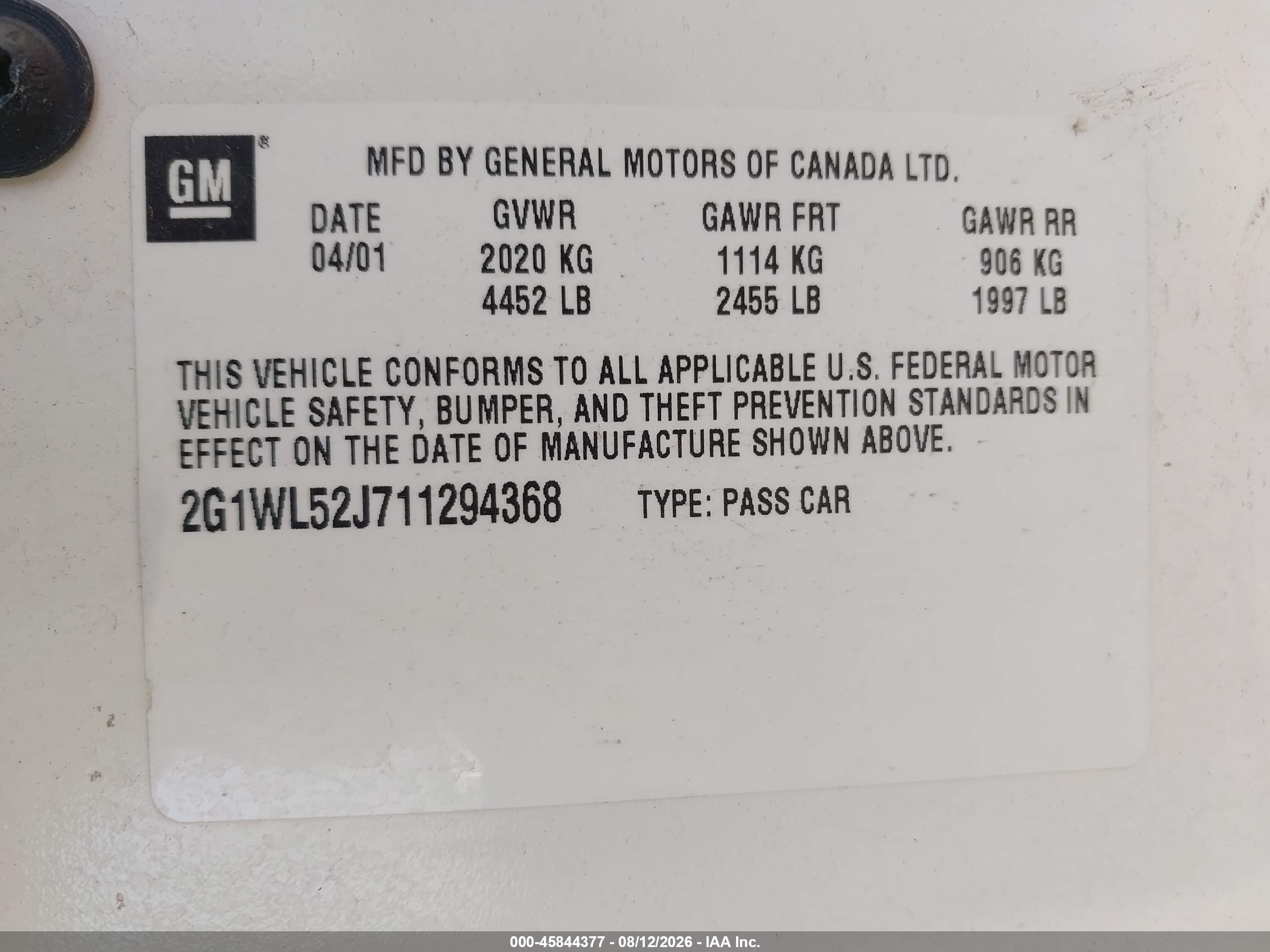 2001 Chevrolet Lumina   White vin: 2G1WL52J711294368