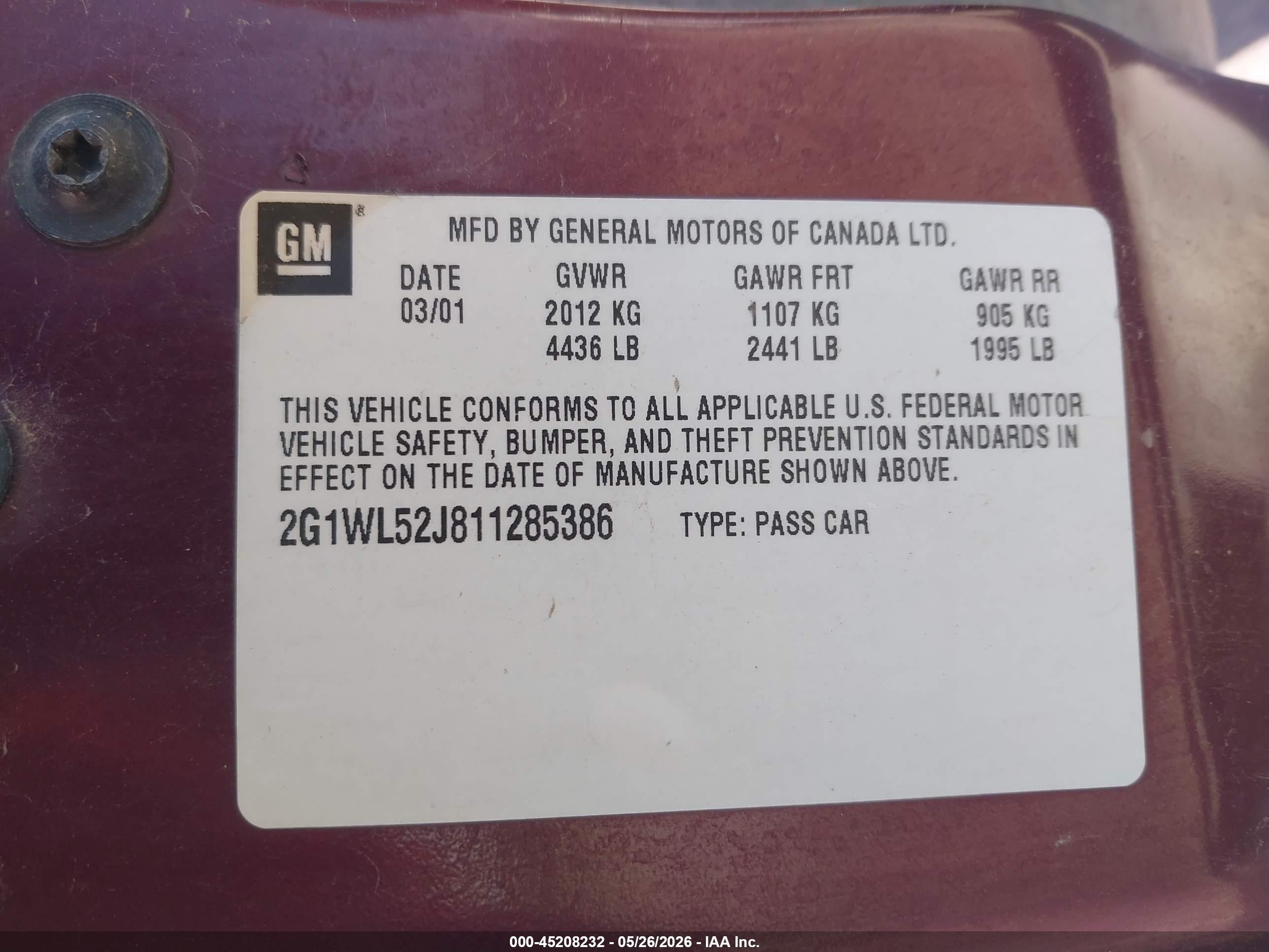 2001 Chevrolet Lumina   Burgundy vin: 2G1WL52J811285386