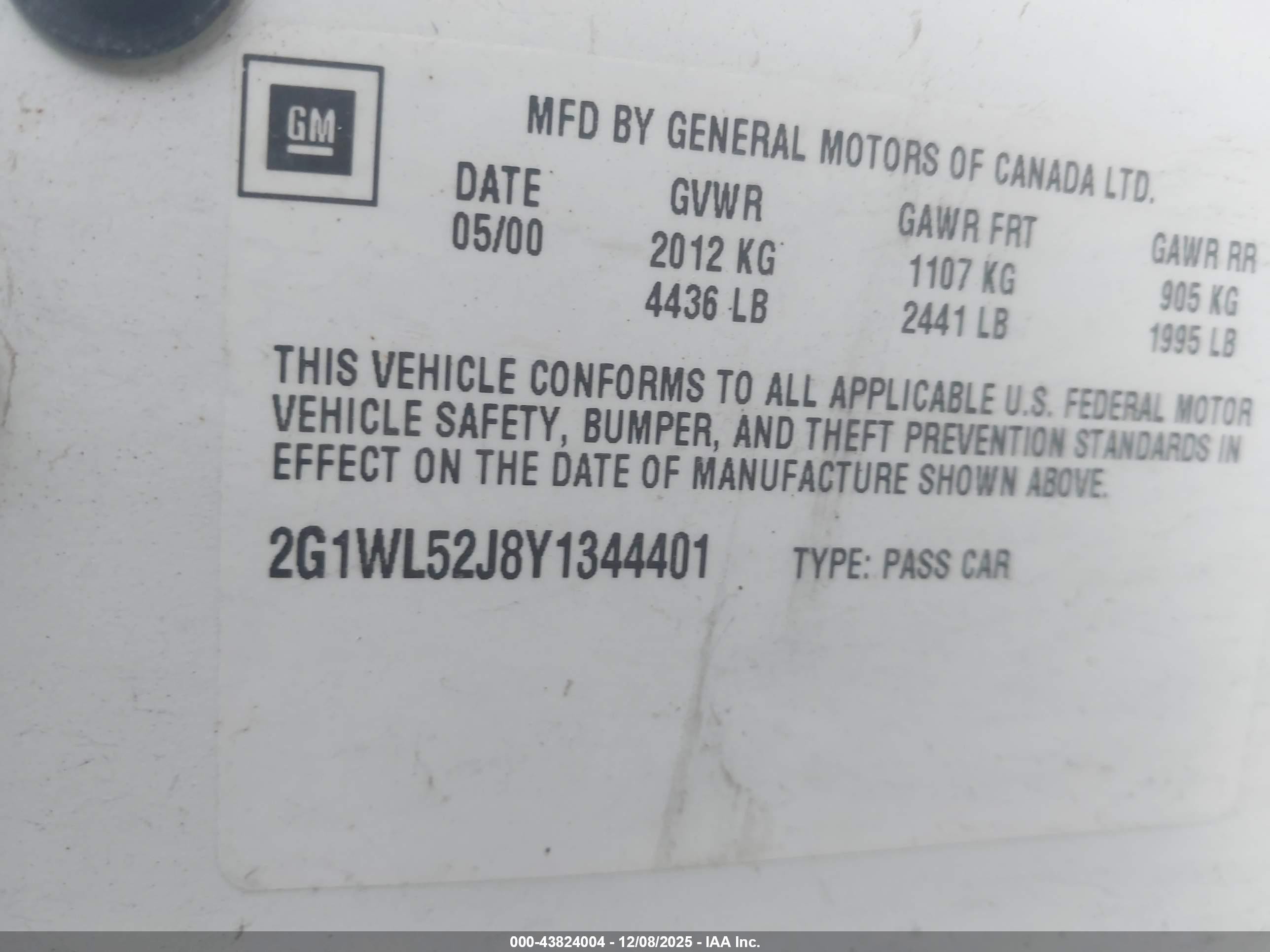 2000 Chevrolet Lumina   White vin: 2G1WL52J8Y1344401