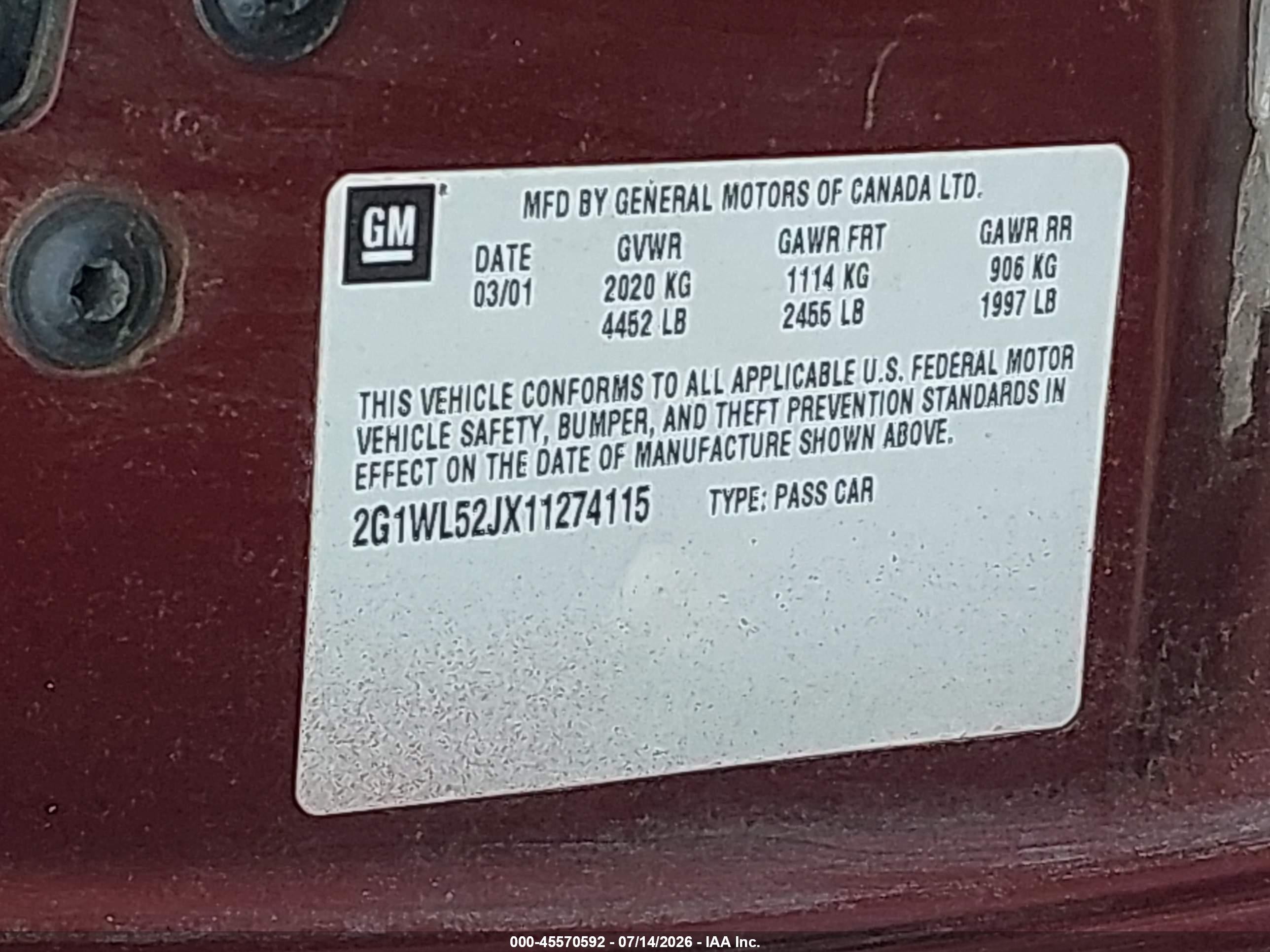 2001 Chevrolet Lumina   Maroon vin: 2G1WL52JX11274115