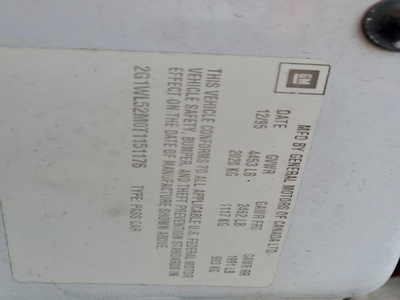 1996 Chevrolet Lumina White vin: 2G1WL52M0T1151176