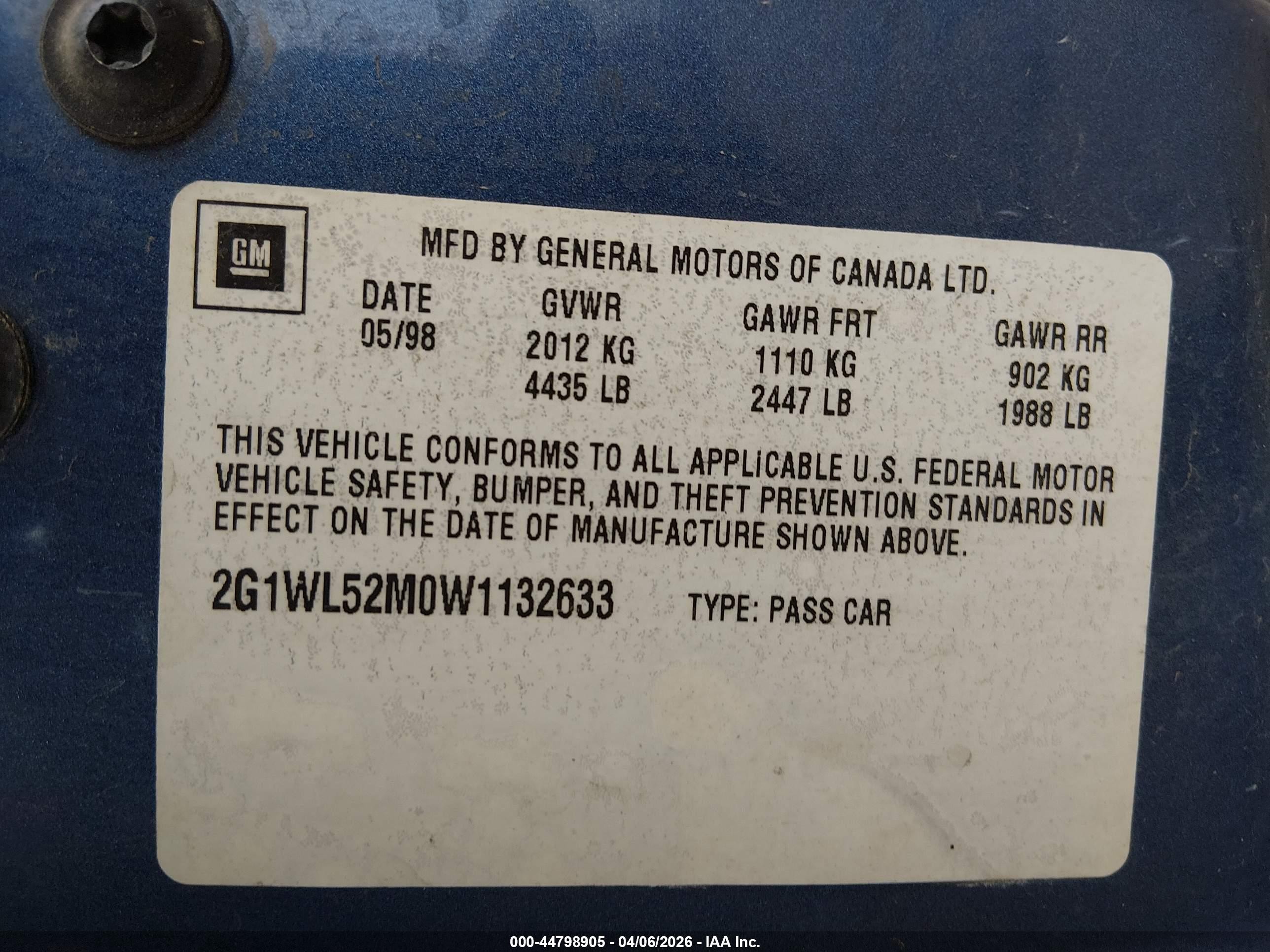 1998 Chevrolet Lumina   Blue vin: 2G1WL52M0W1132633