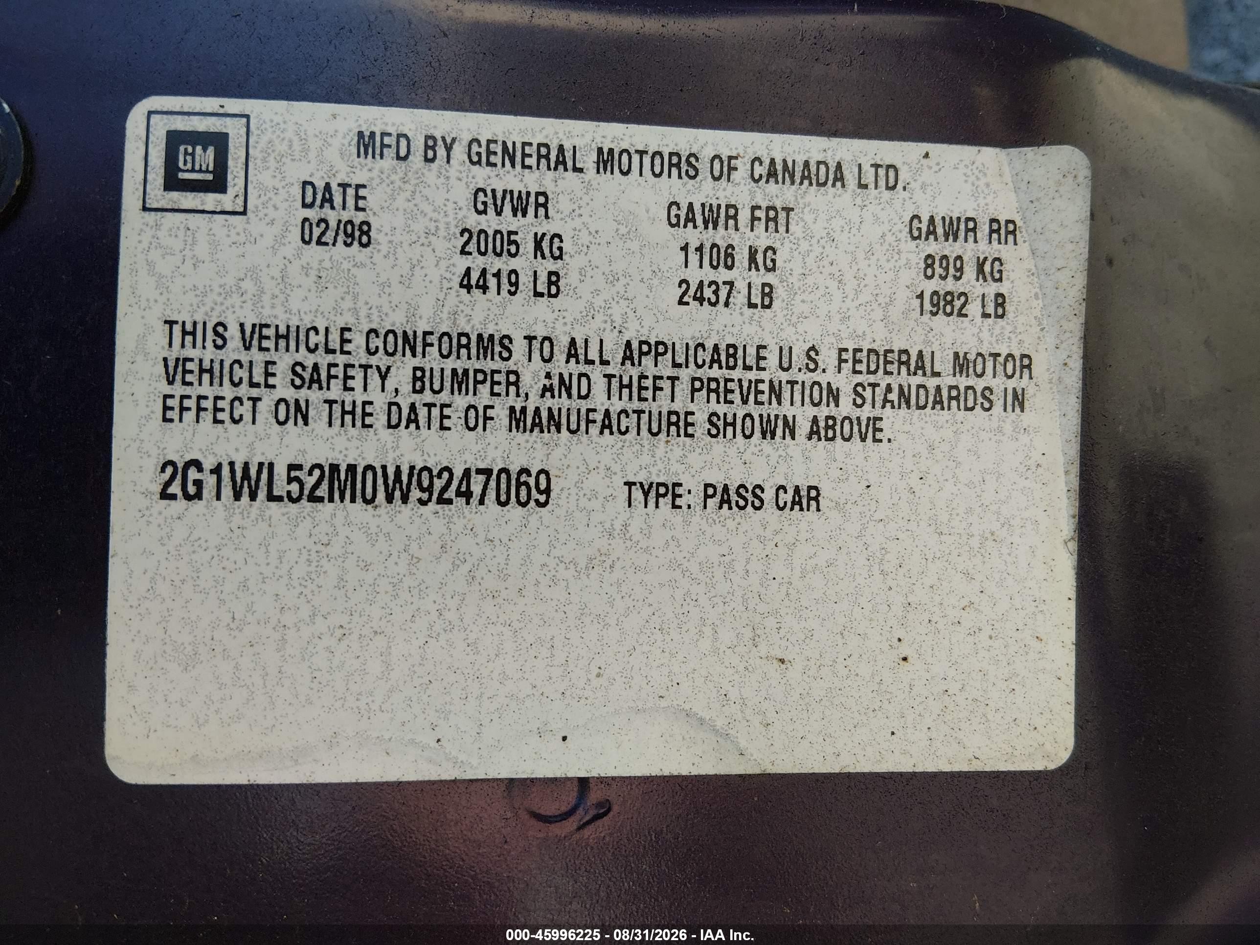 1998 Chevrolet Lumina Purple vin: 2G1WL52M0W9247069