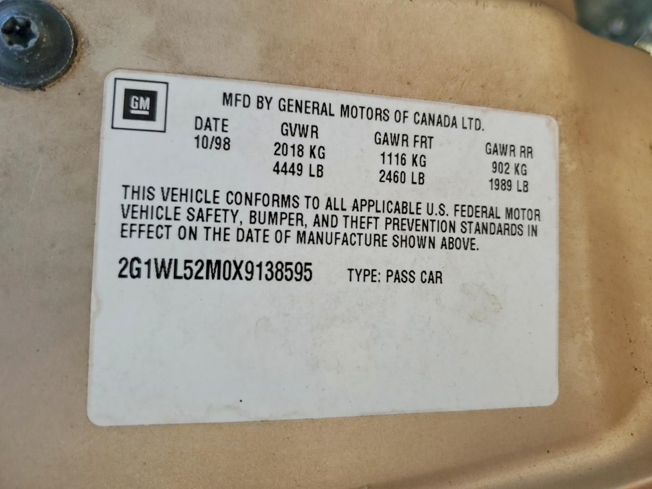 1999 Chevrolet Lumina Base Brown vin: 2G1WL52M0X9138595