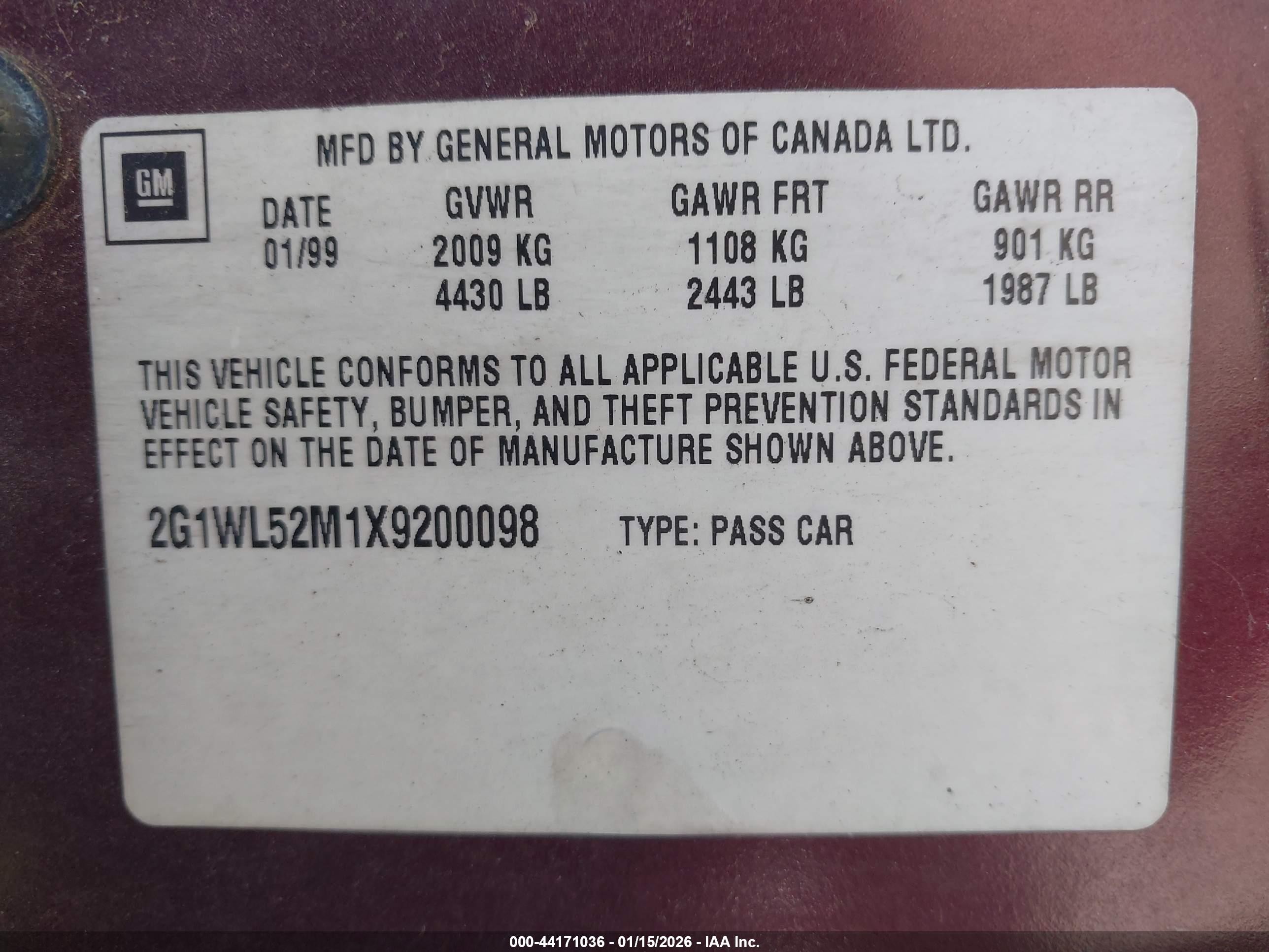 1999 Chevrolet Lumina Burgundy vin: 2G1WL52M1X9200098