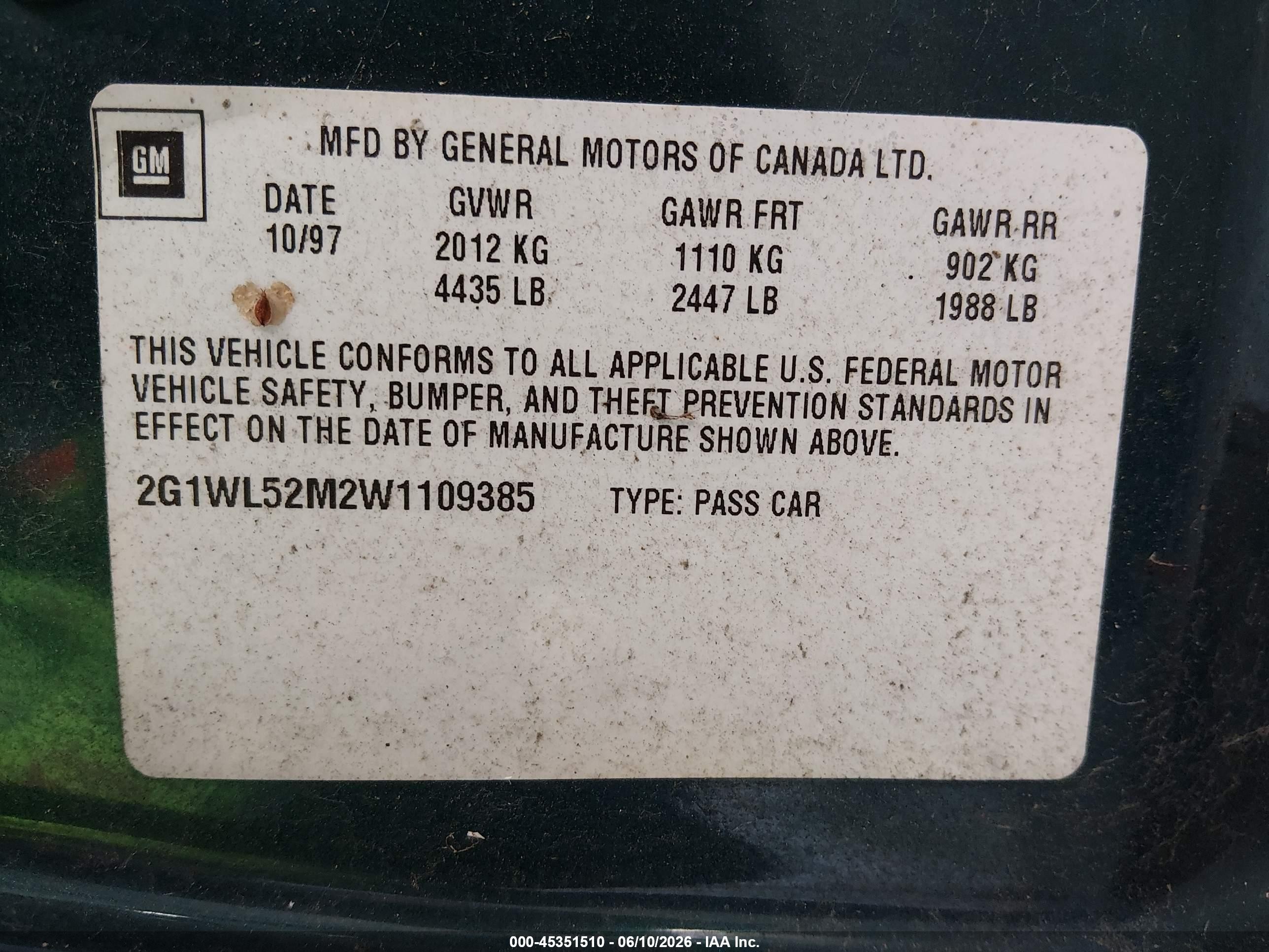 1998 Chevrolet Lumina   Green vin: 2G1WL52M2W1109385