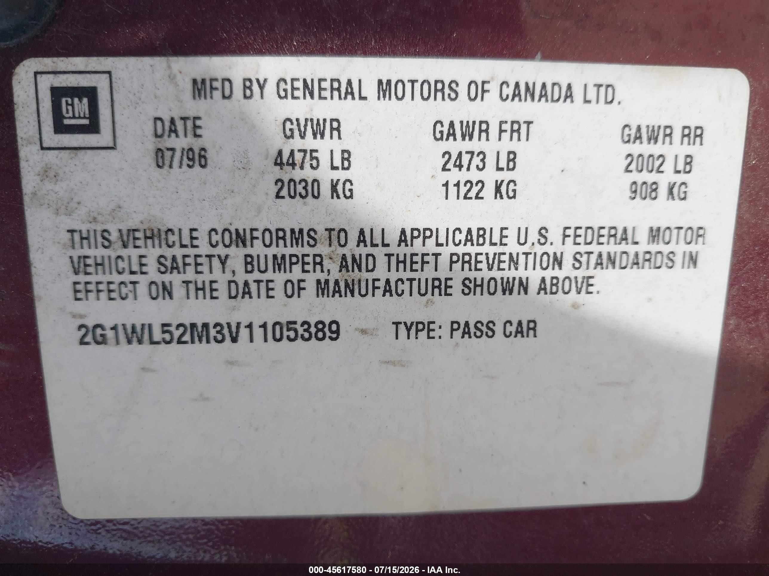 1997 Chevrolet Lumina   Burgundy vin: 2G1WL52M3V1105389