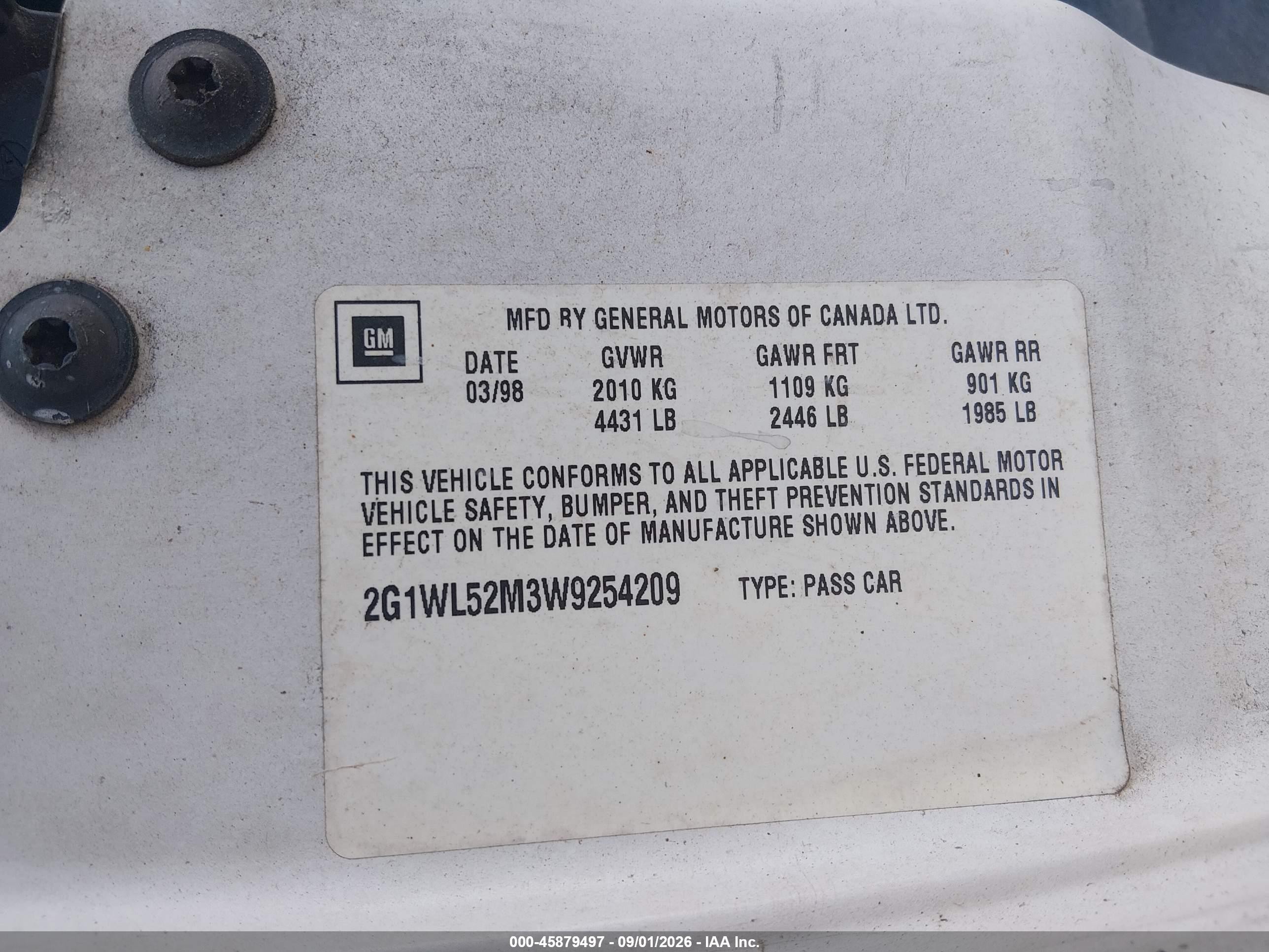 1998 Chevrolet Lumina White vin: 2G1WL52M3W9254209