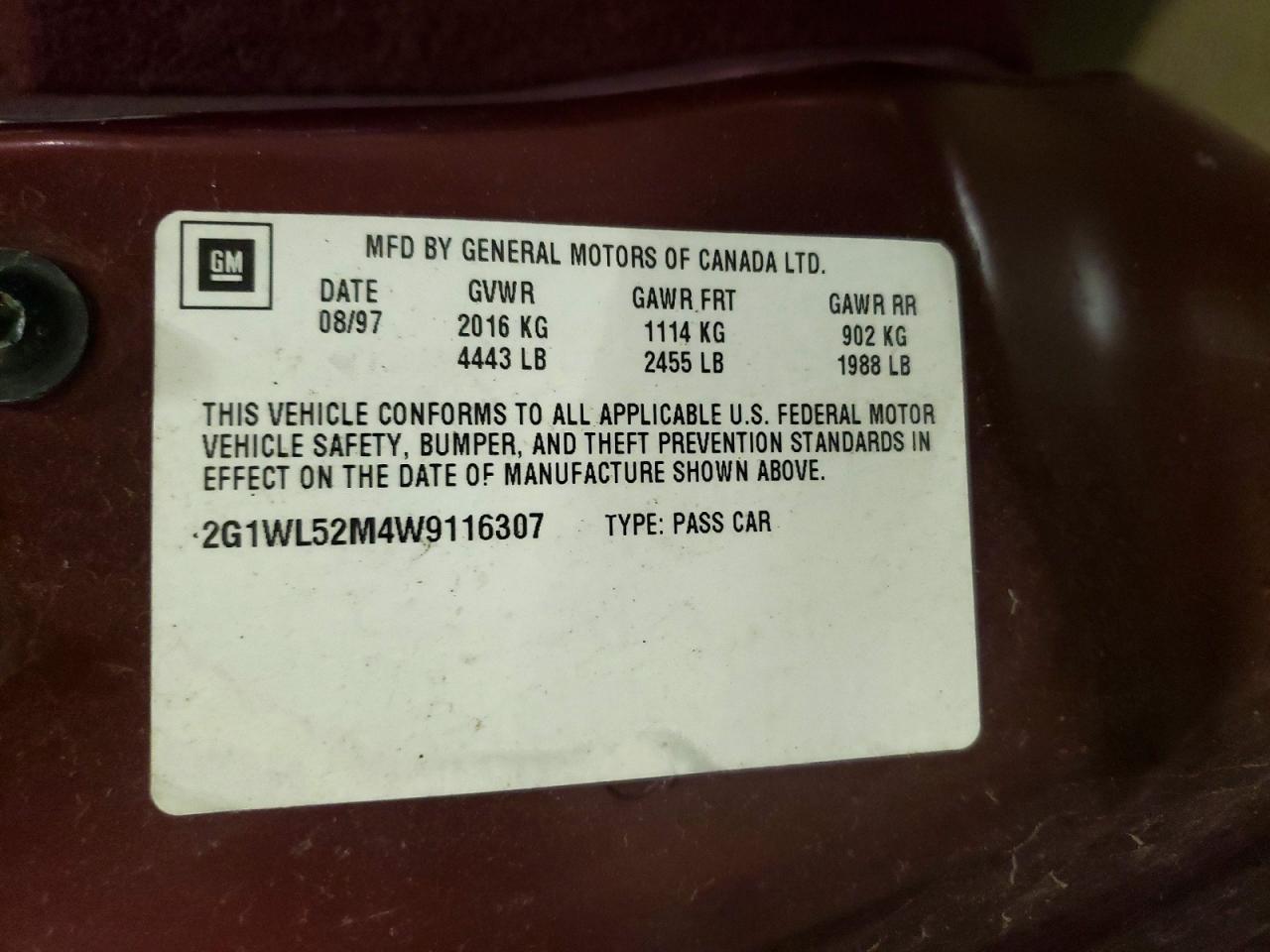 1998 Chevrolet Lumina Base Burgundy vin: 2G1WL52M4W9116307