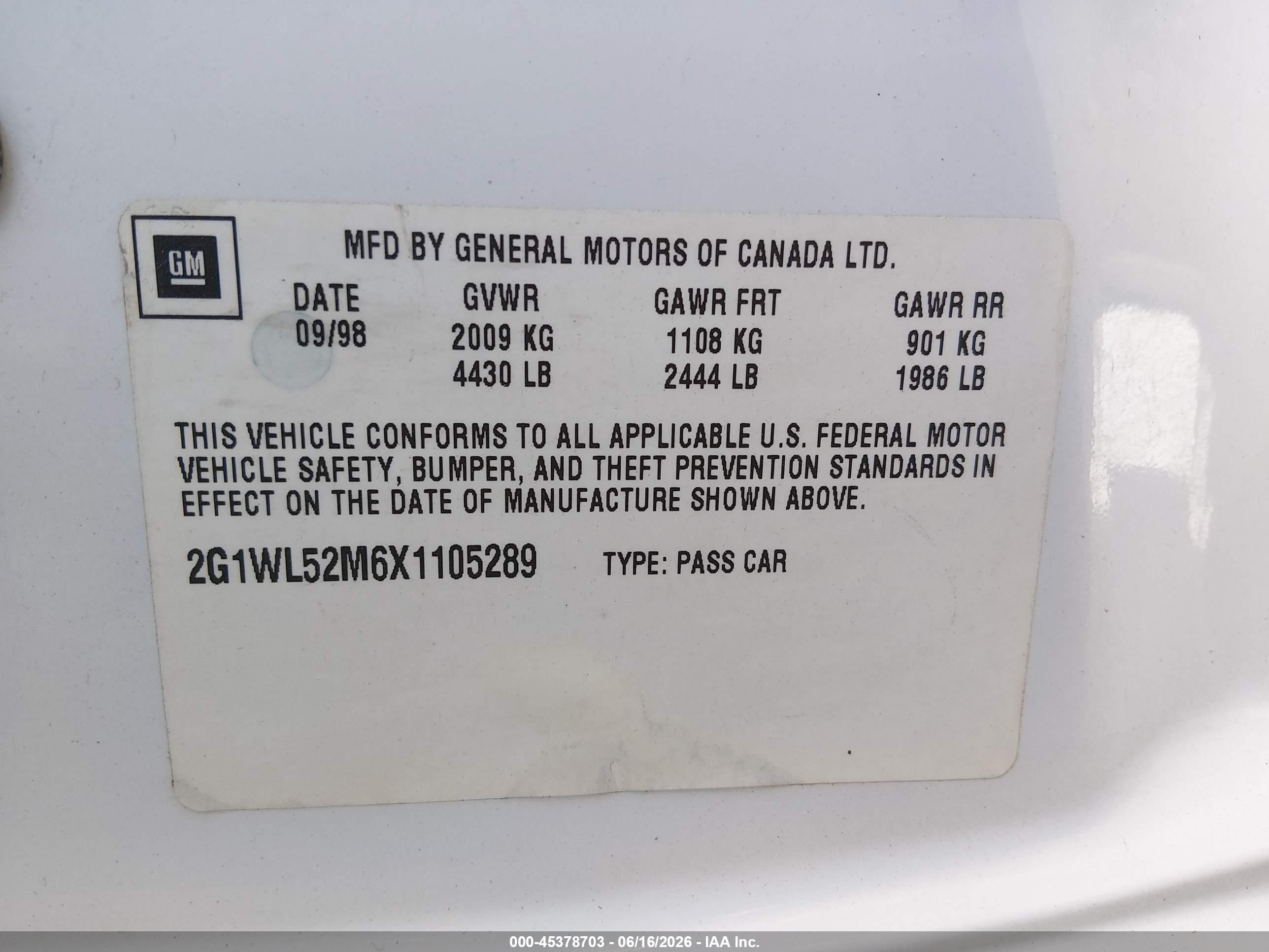 1999 Chevrolet Lumina   White vin: 2G1WL52M6X1105289