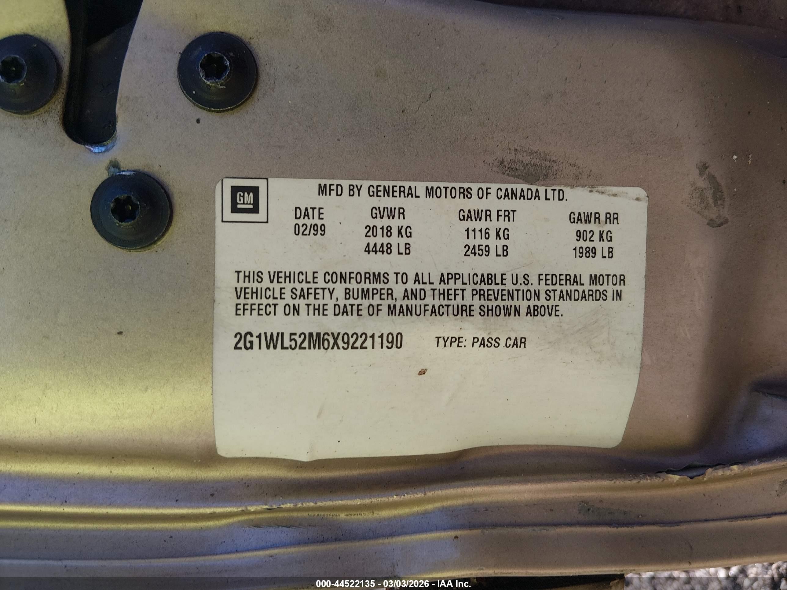 1999 Chevrolet Lumina Ls Gold vin: 2G1WL52M6X9221190