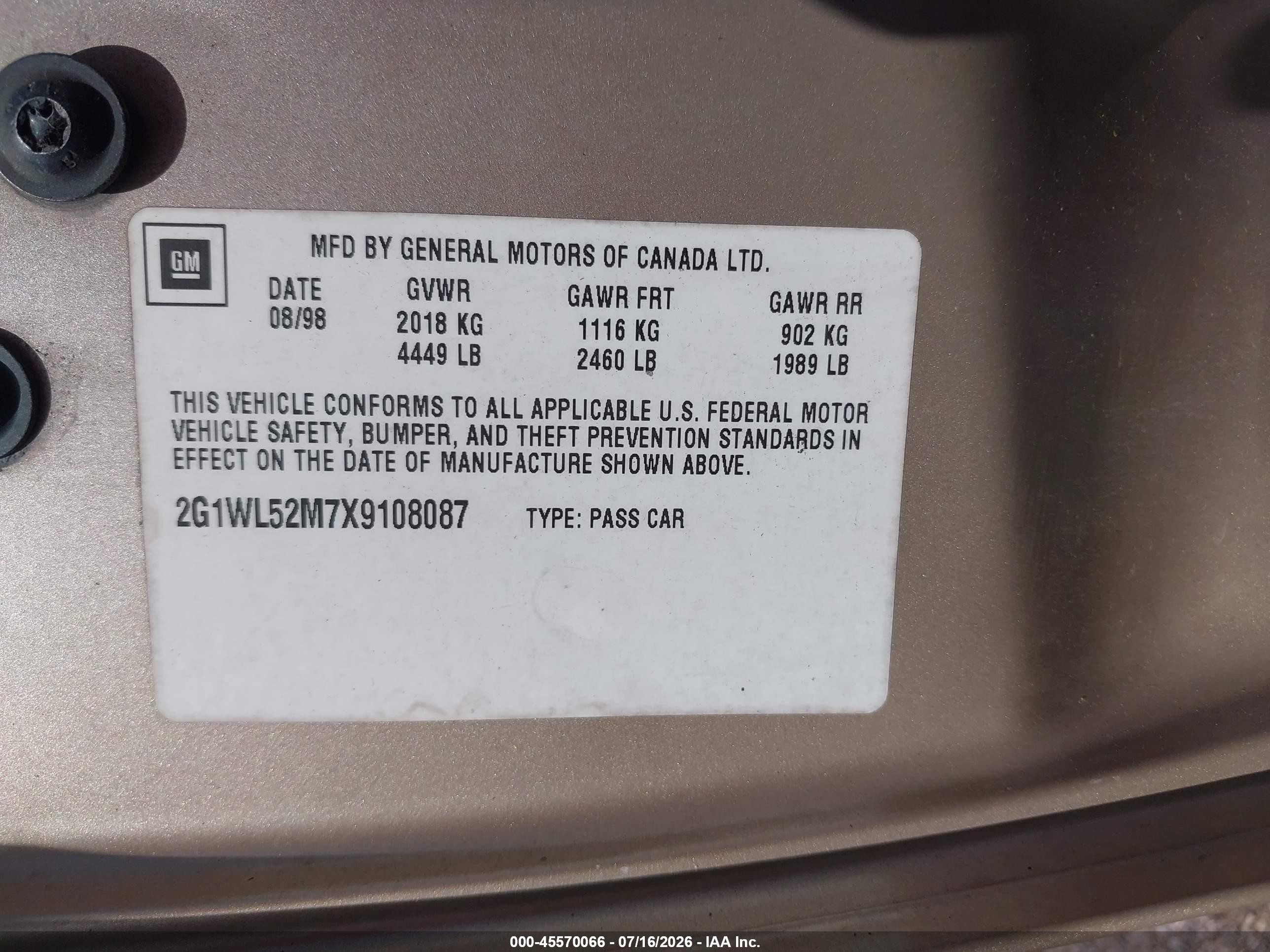 1999 Chevrolet Lumina   Brown vin: 2G1WL52M7X9108087