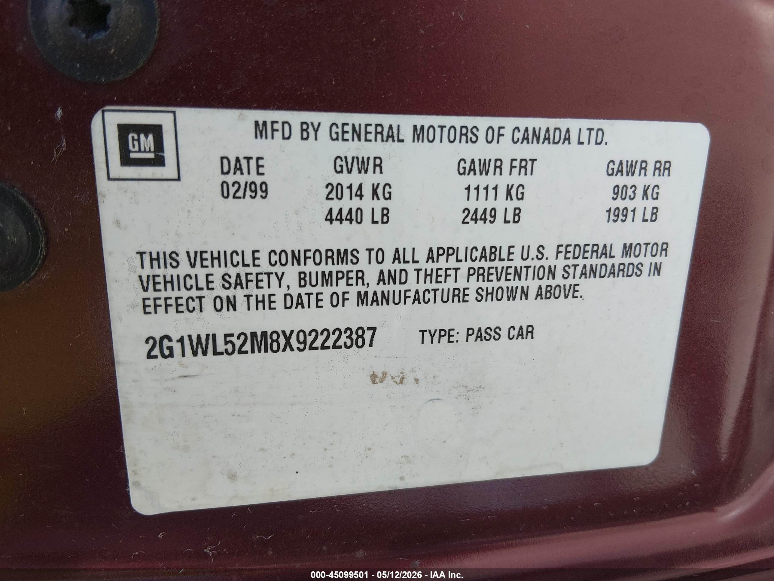 1999 Chevrolet Lumina   Red vin: 2G1WL52M8X9222387