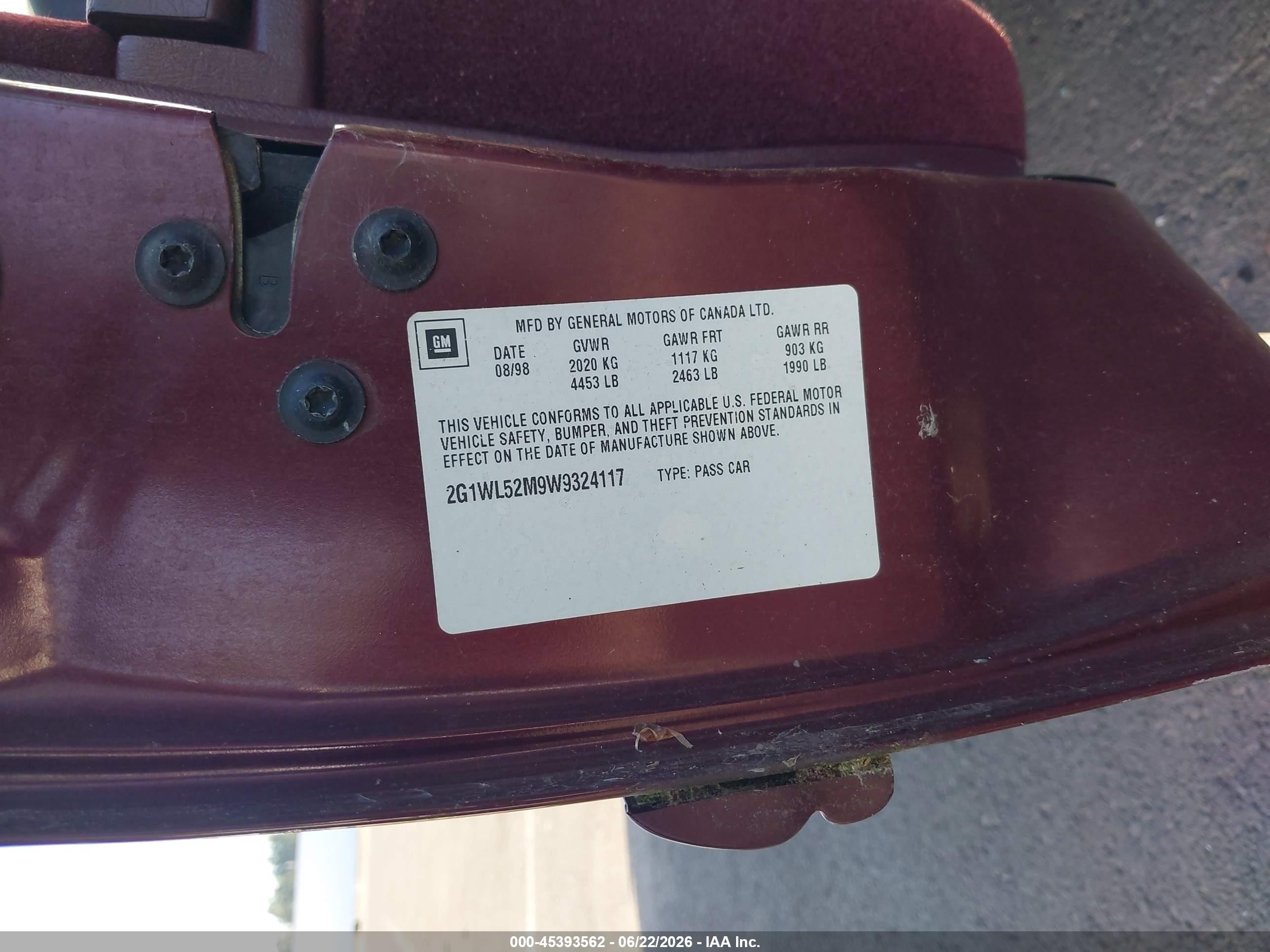 1998 Chevrolet Lumina Ls Maroon vin: 2G1WL52M9W9324117