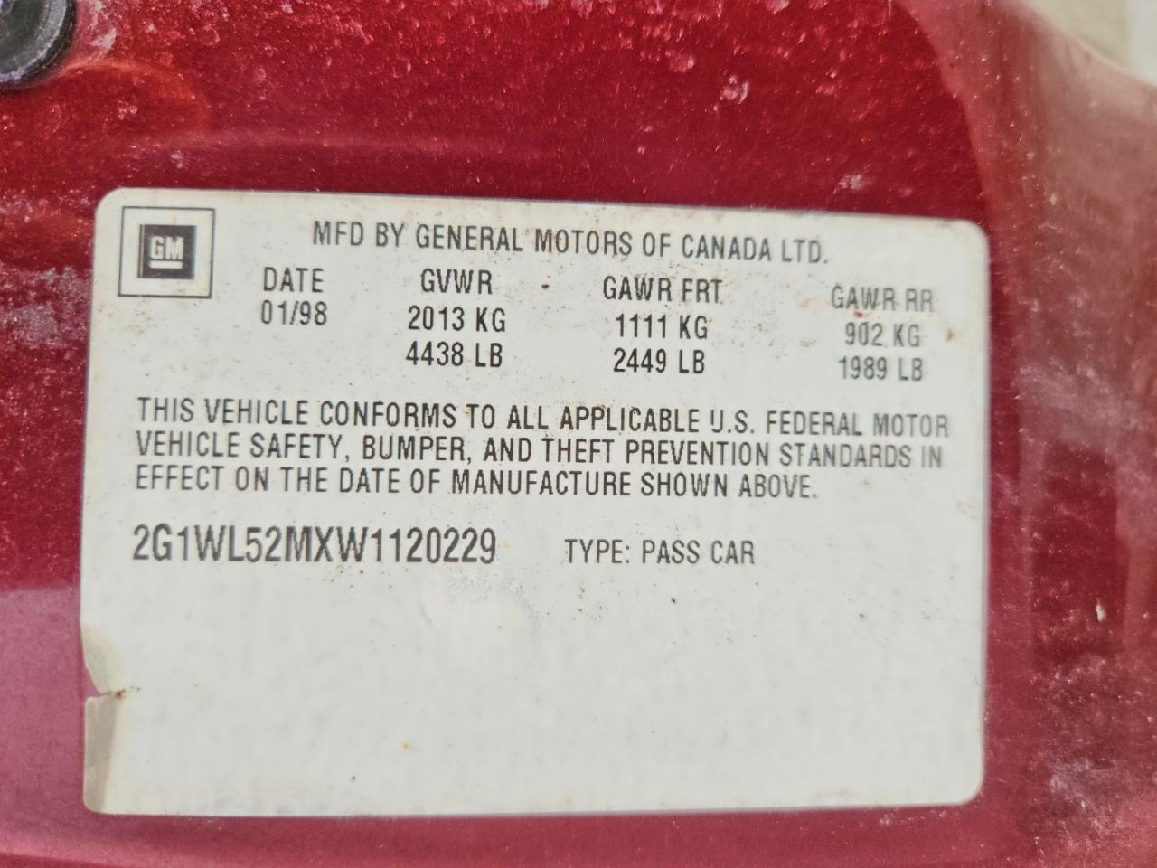 1998 Chevrolet Lumina Base Burgundy vin: 2G1WL52MXW1120229