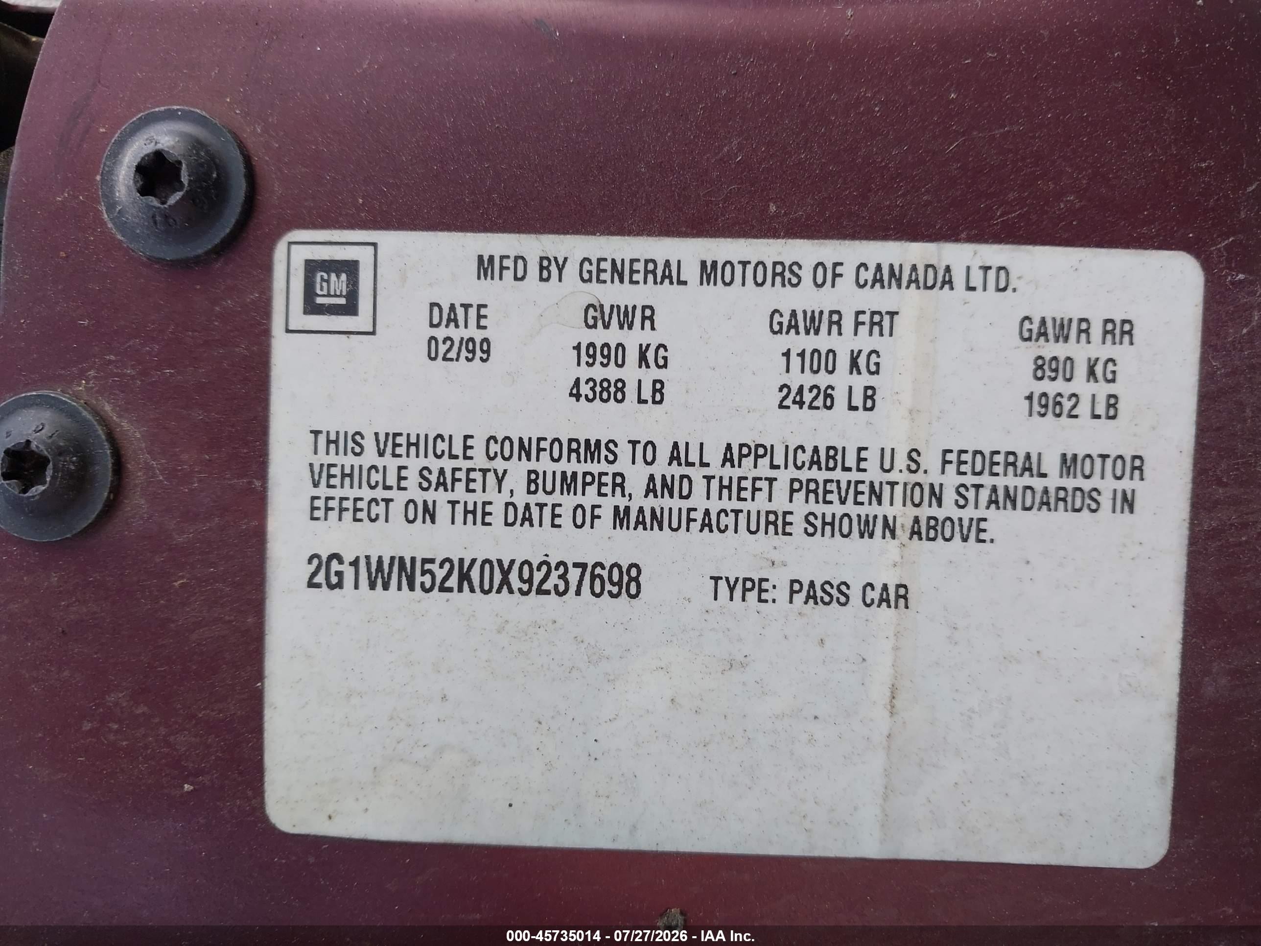 1999 Chevrolet Lumina Ltz Burgundy vin: 2G1WN52K0X9237698