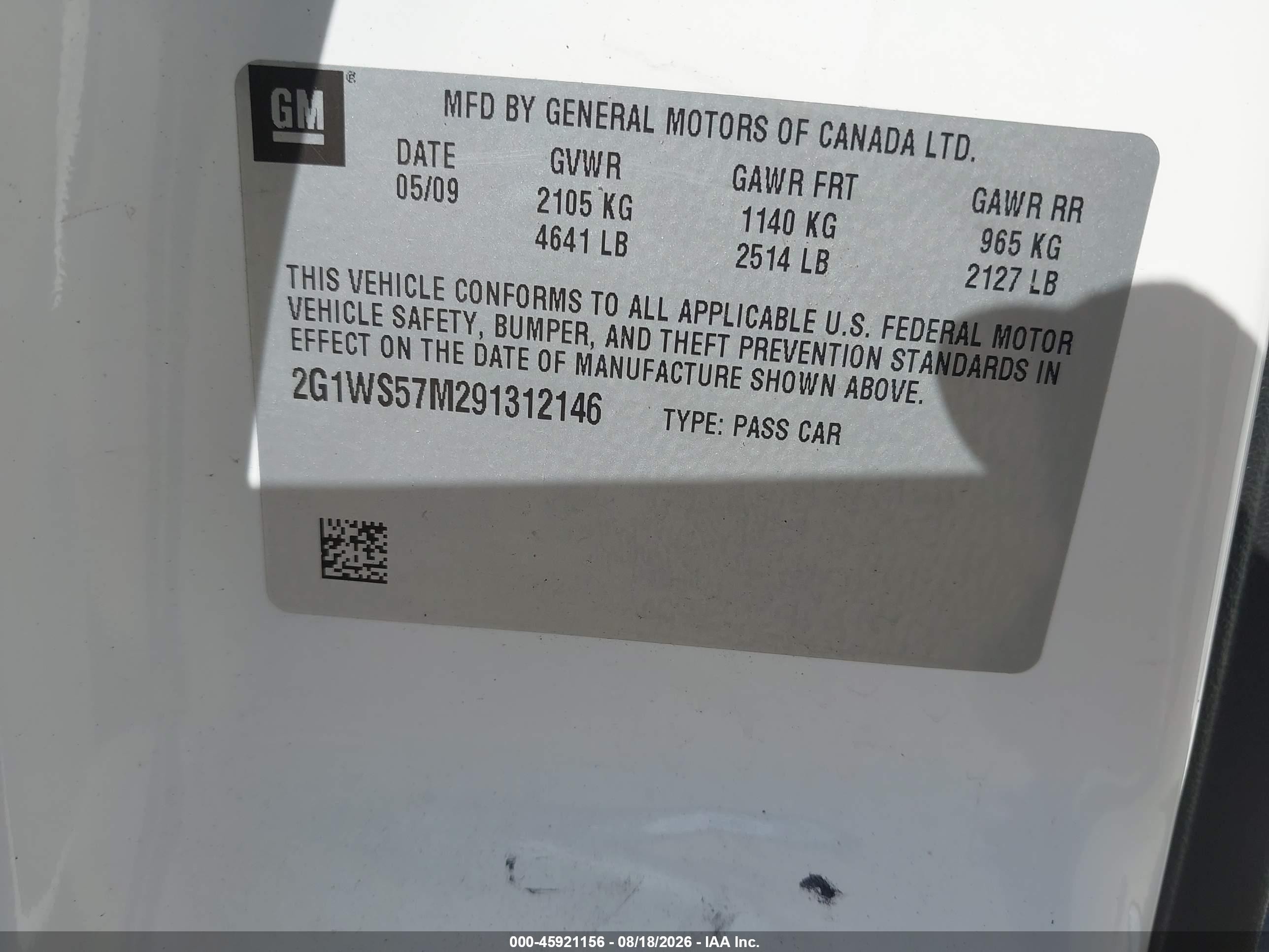 2009 Chevrolet Impala Police White vin: 2G1WS57M291312146