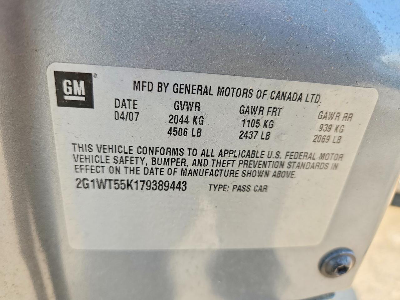 2007 Chevrolet Impala Lt Gray vin: 2G1WT55K179389443