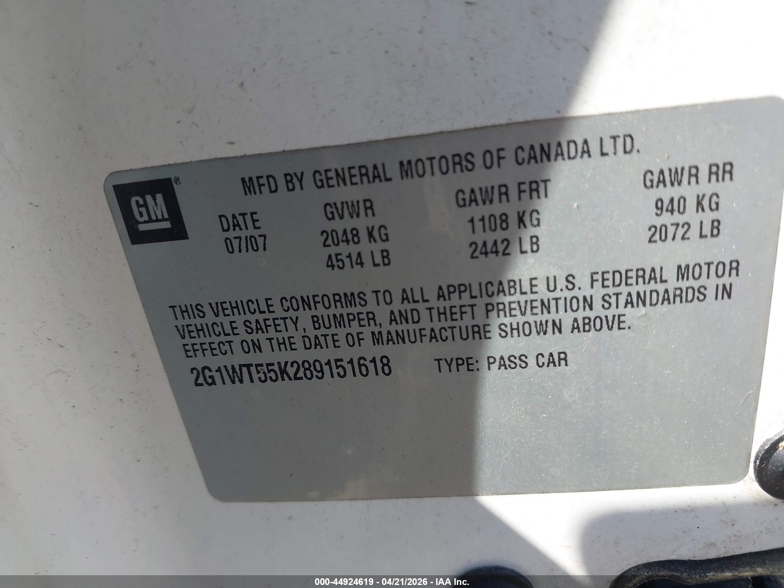 2008 Chevrolet Impala Lt White vin: 2G1WT55K289151618