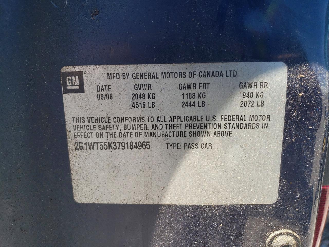 2007 Chevrolet Impala Lt Blue vin: 2G1WT55K379184965