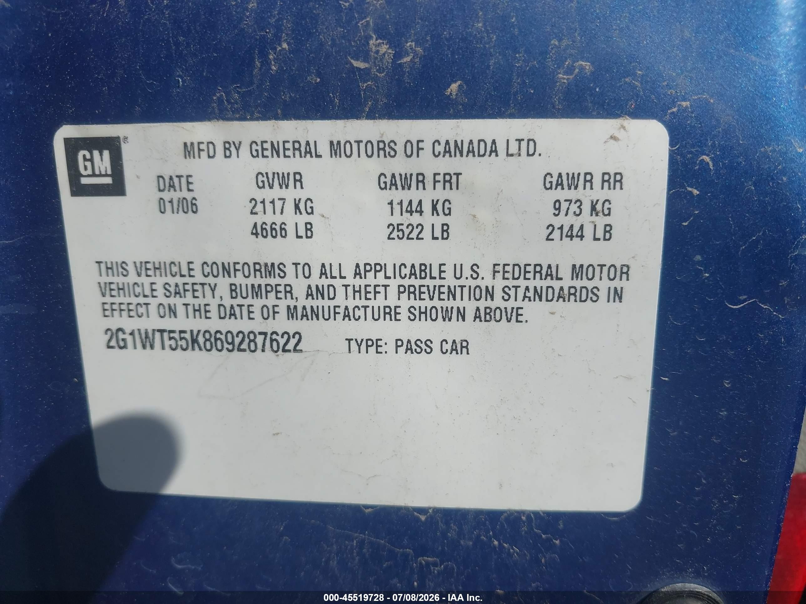 2006 Chevrolet Impala Lt Navy vin: 2G1WT55K869287622