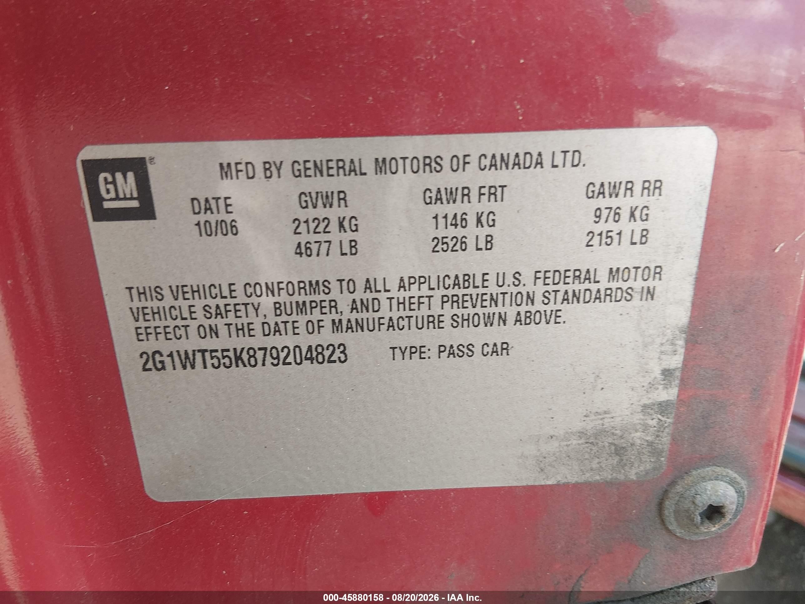 2007 Chevrolet Impala 3.5l Lt Red vin: 2G1WT55K879204823