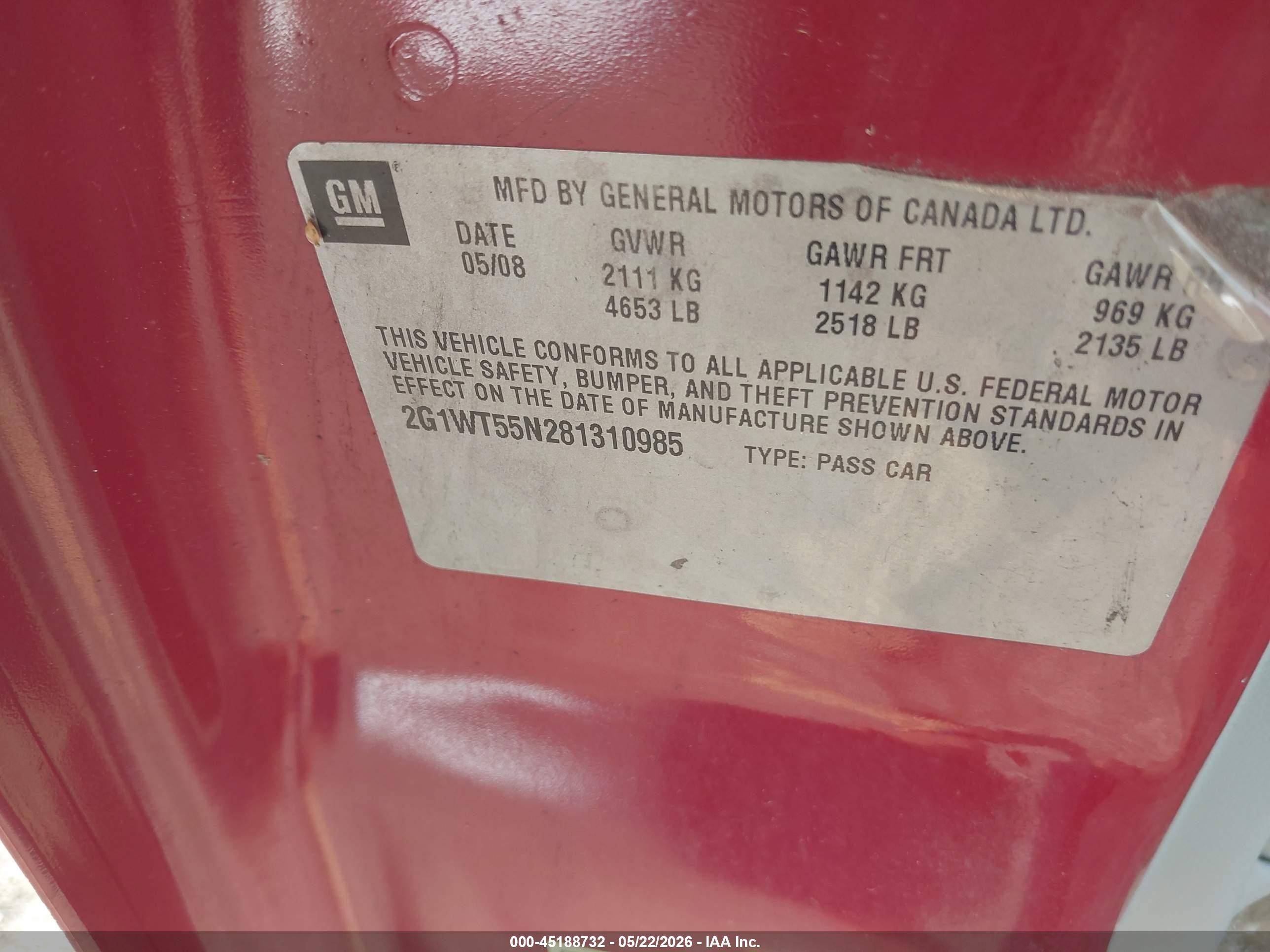 2008 Chevrolet Impala Lt Red vin: 2G1WT55N281310985