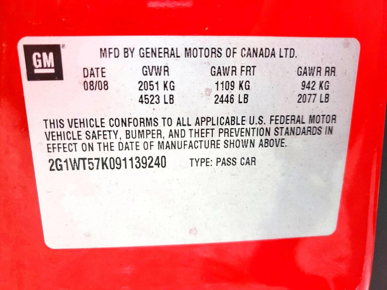 2009 Chevrolet Impala 1lt Red vin: 2G1WT57K091139240