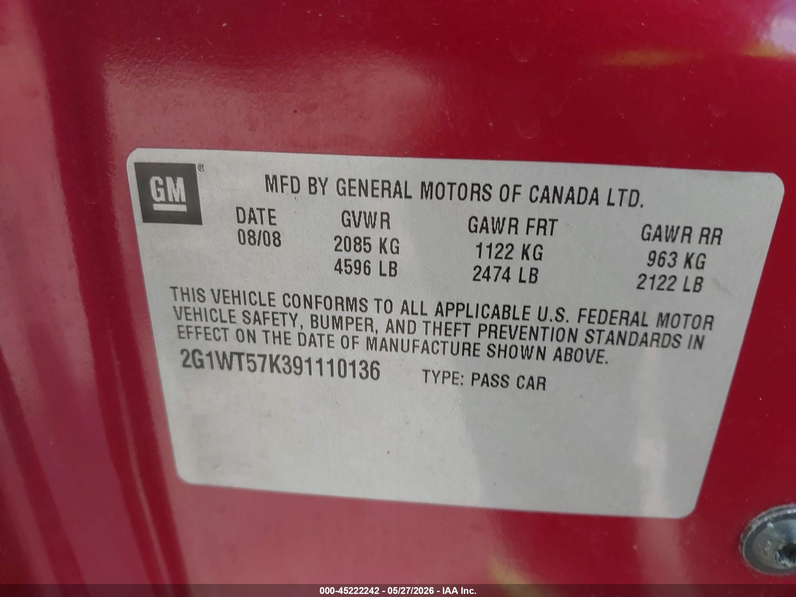 2009 Chevrolet Impala Lt Red vin: 2G1WT57K391110136