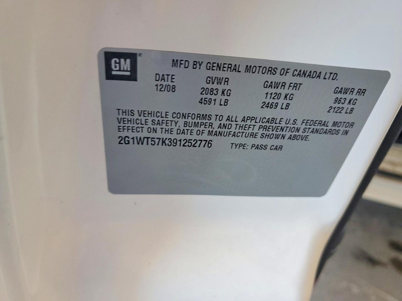 2009 Chevrolet Impala 1lt Белый vin: 2G1WT57K391252776
