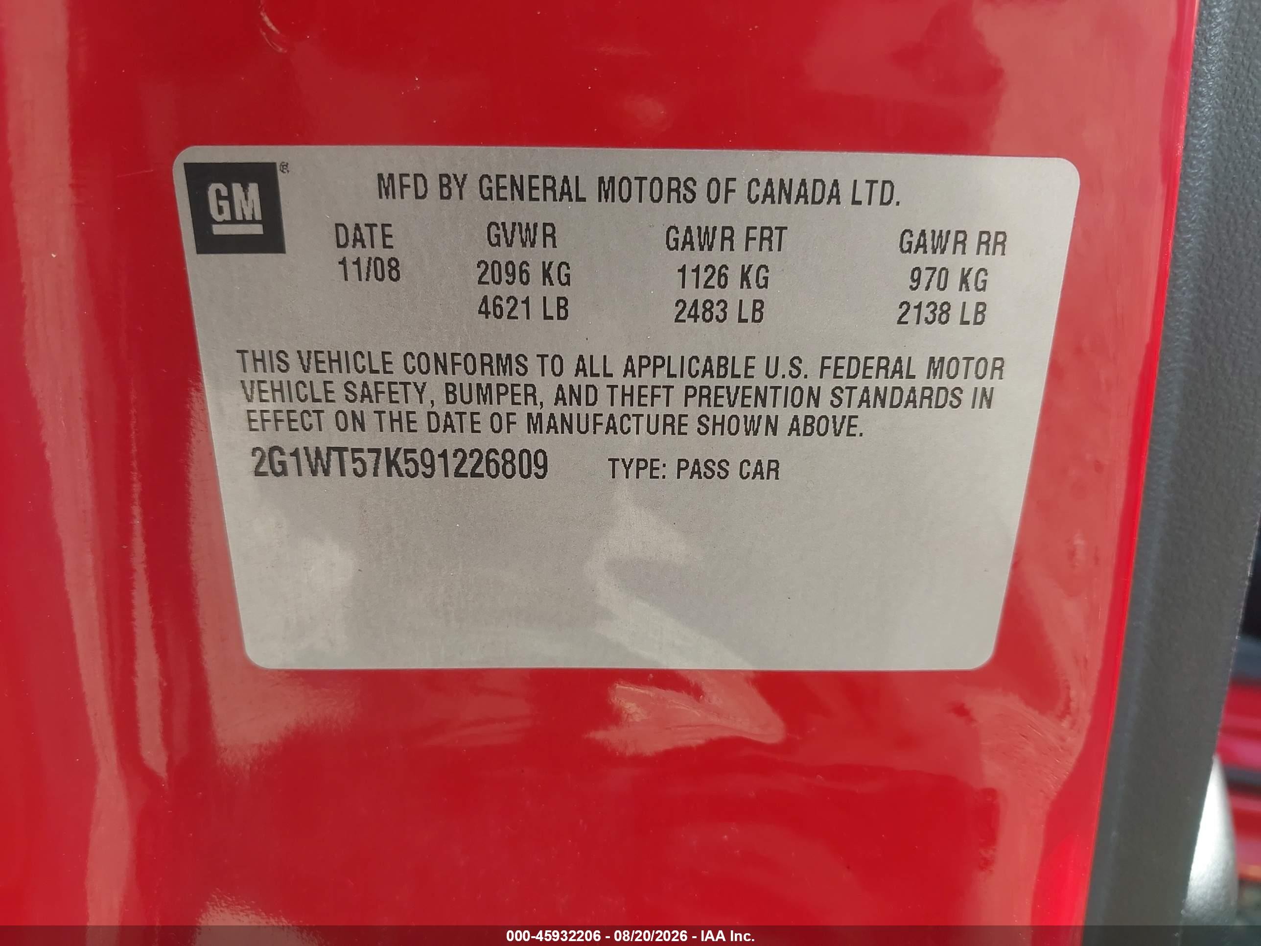 2009 Chevrolet Impala Lt Red vin: 2G1WT57K591226809