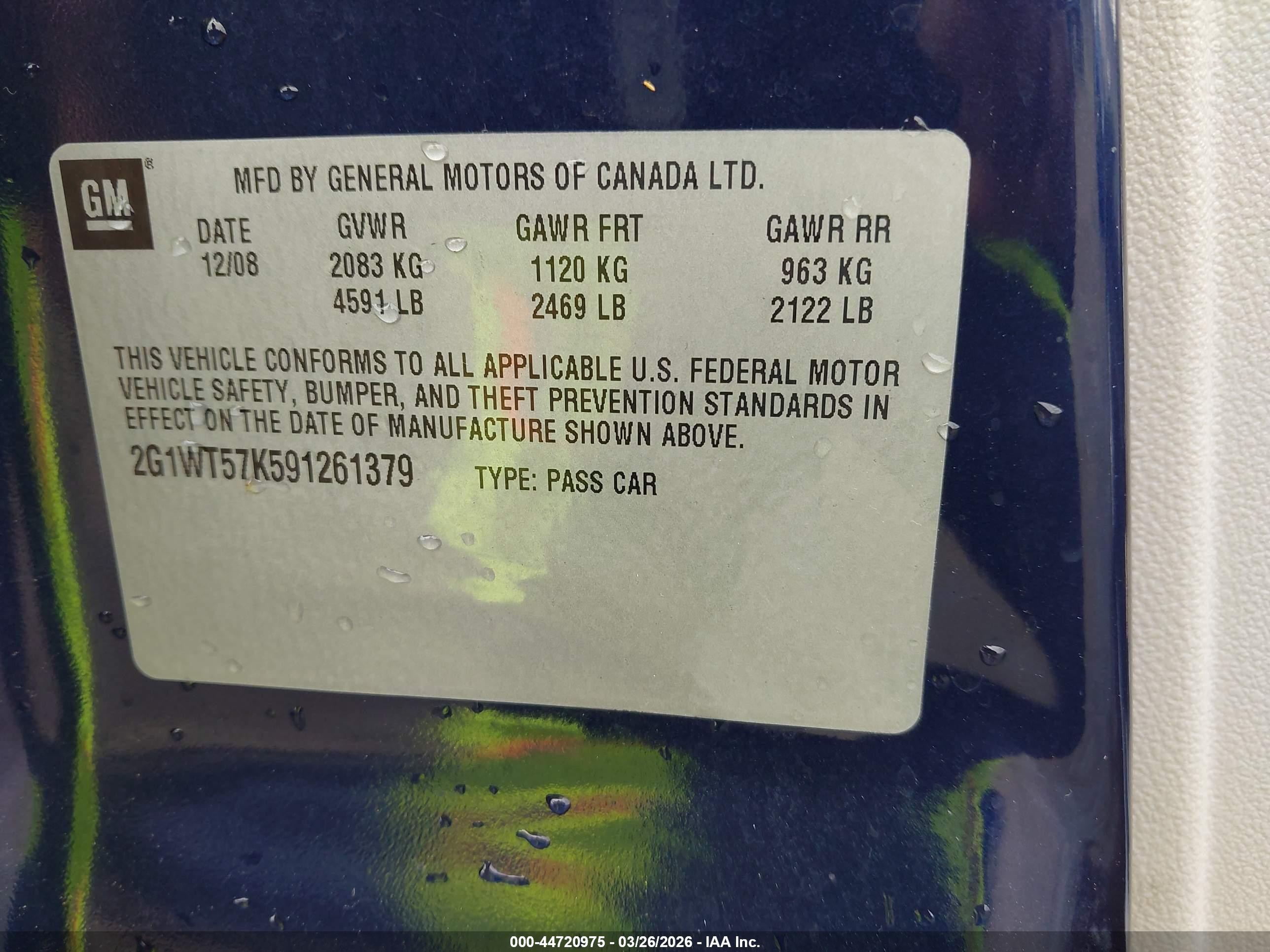 2009 Chevrolet Impala Lt Blue vin: 2G1WT57K591261379