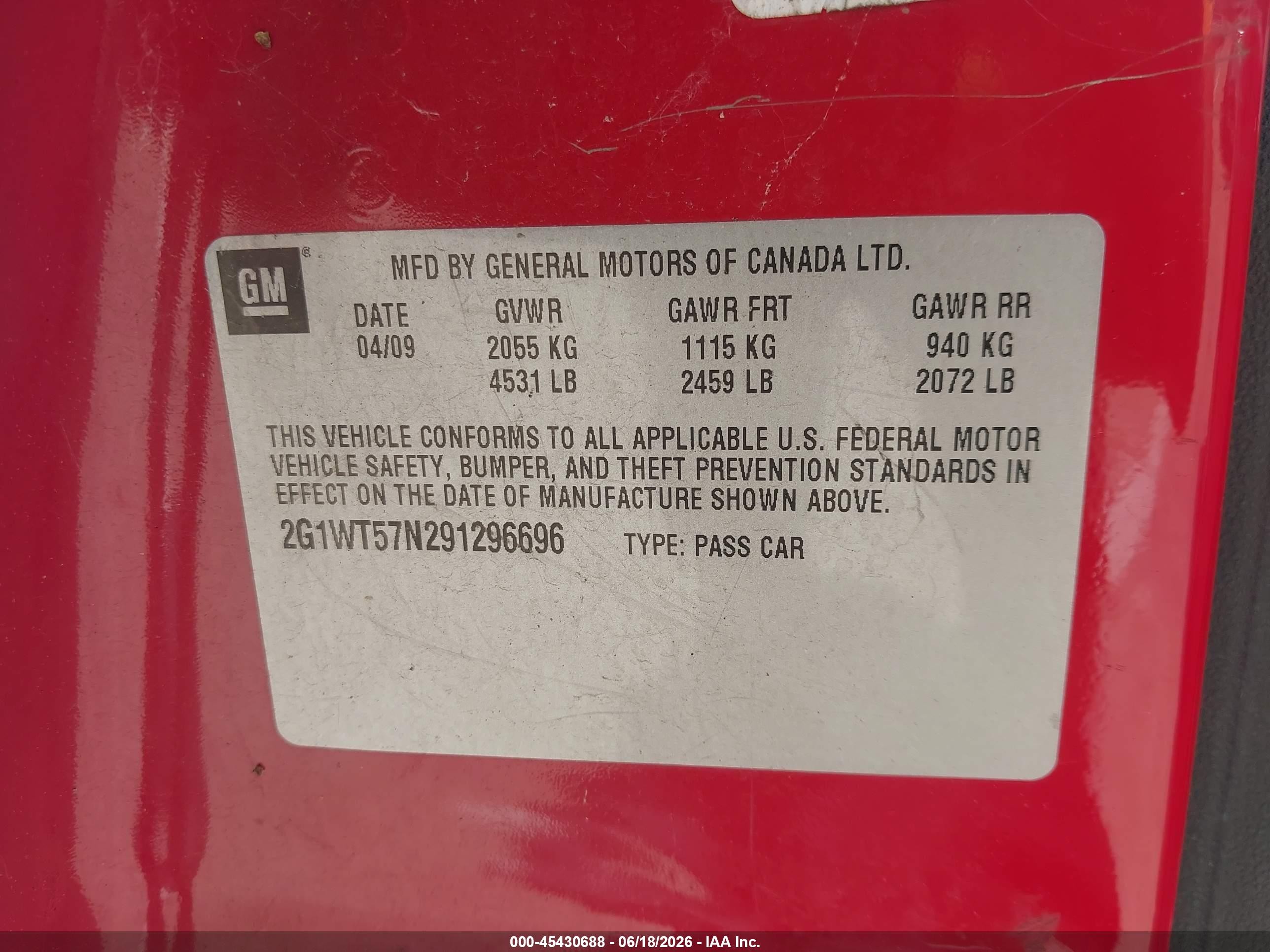 2009 Chevrolet Impala Lt Red vin: 2G1WT57N291296696