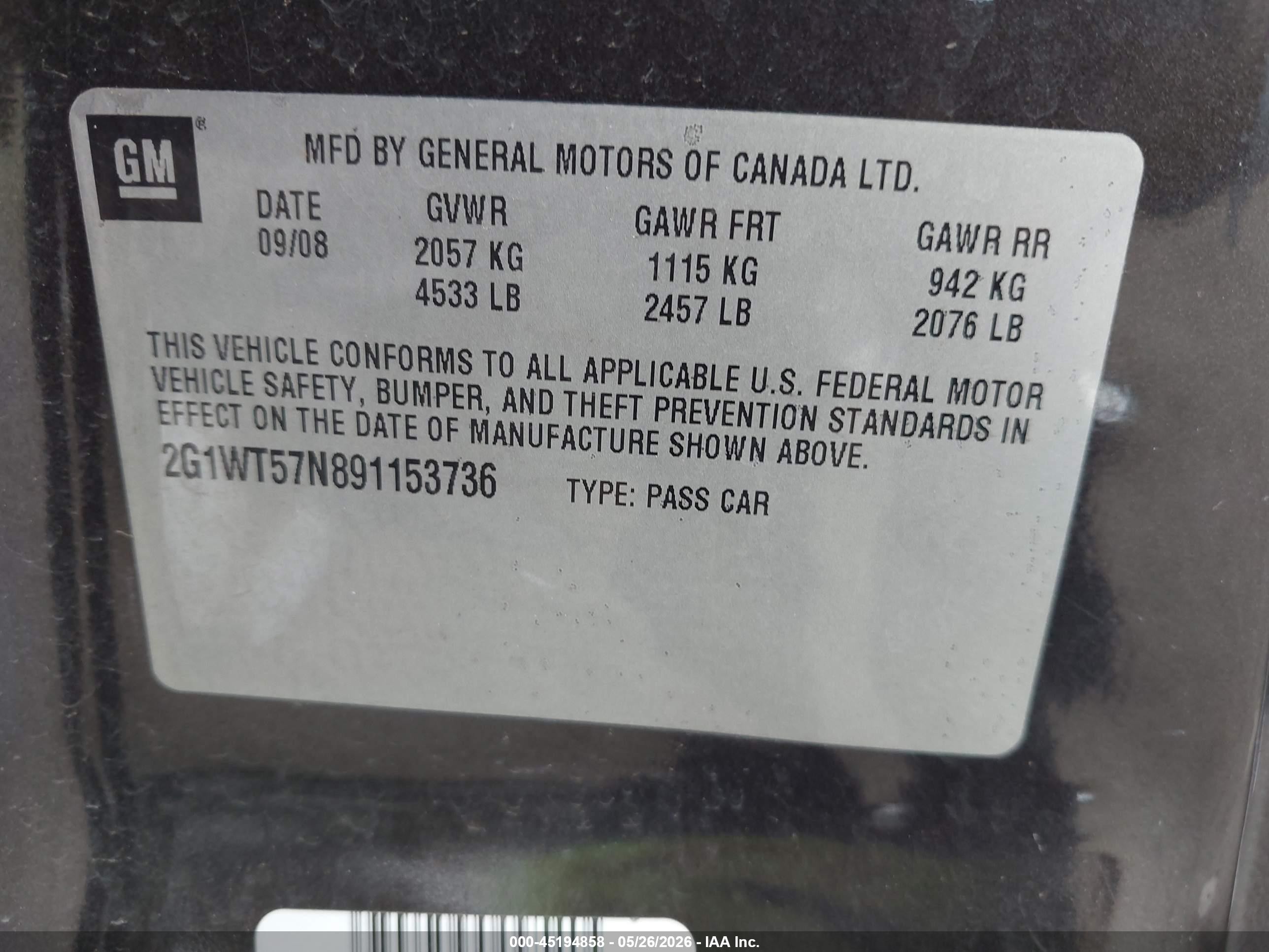 2009 Chevrolet Impala Lt Gray vin: 2G1WT57N891153736