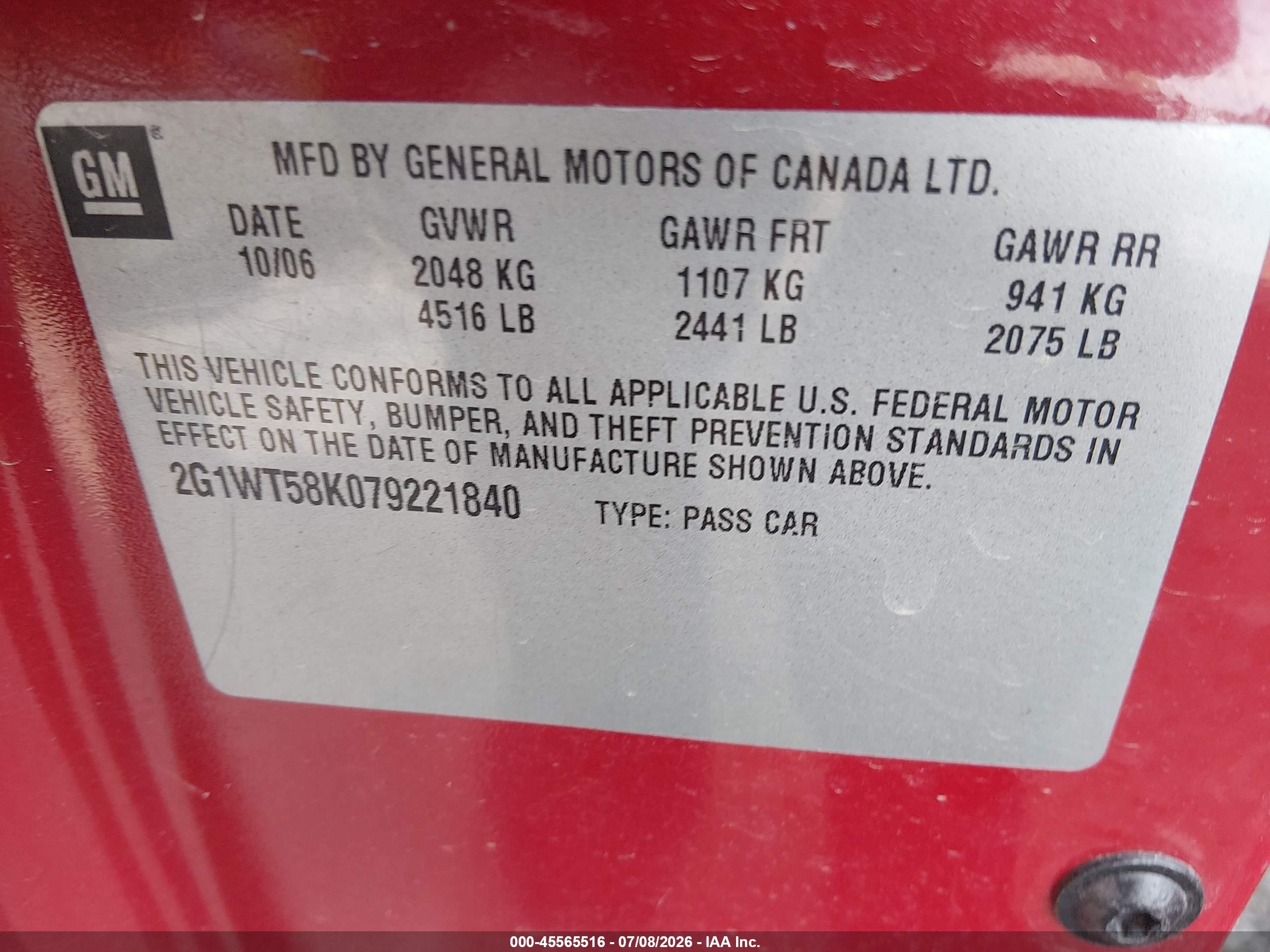 2007 Chevrolet Impala 3.5l Lt Red vin: 2G1WT58K079221840
